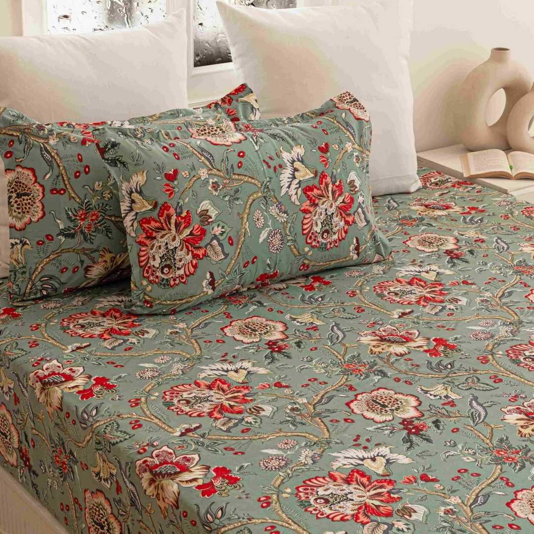 Anokhi Floral Print Bedsheet and Quilted Blue Blossom Cushion Cover Combo Set