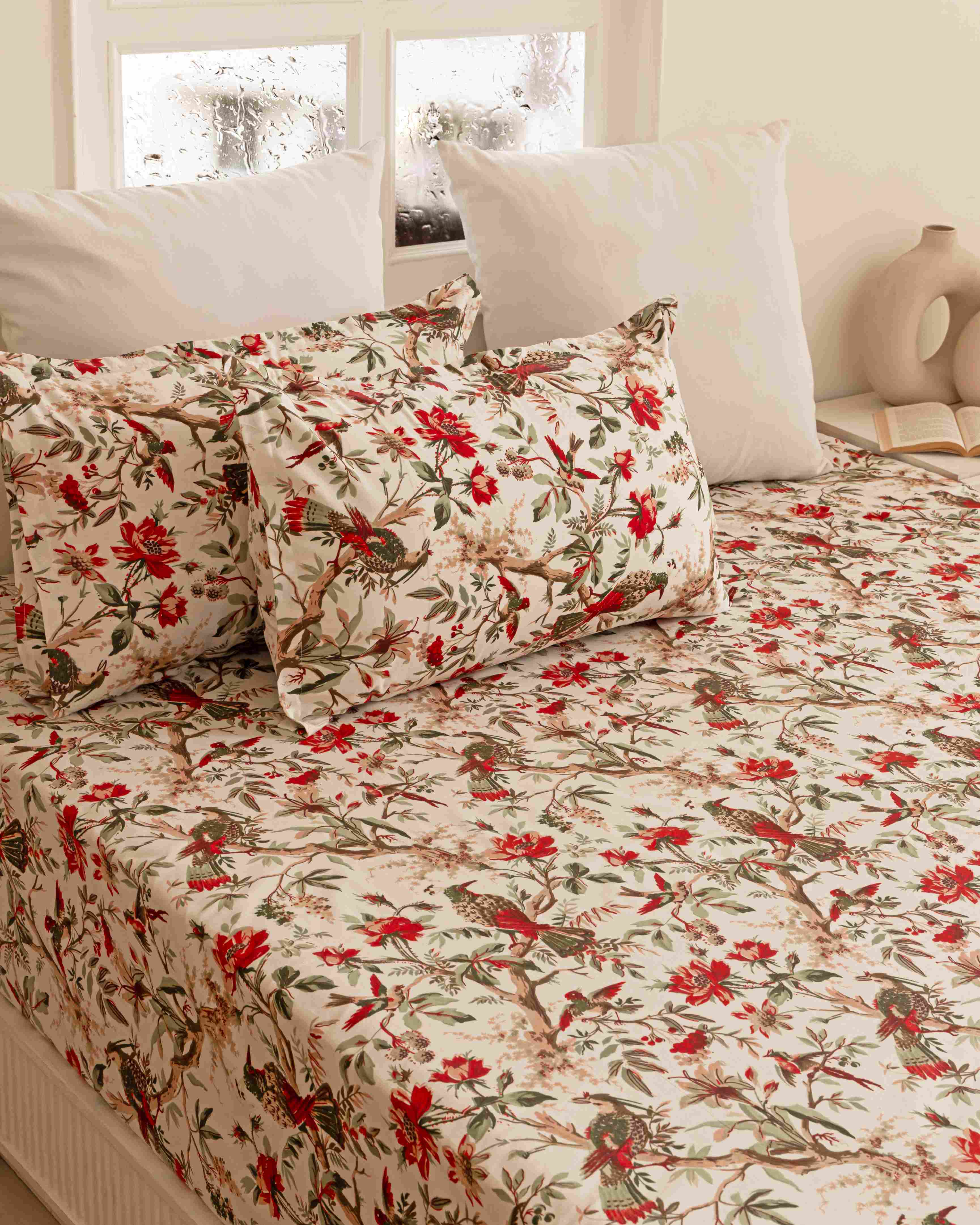 Anokhi Flamingo Print Bedsheet and Red Quilted Flamingo Blossom Cushion Cover Combo Set