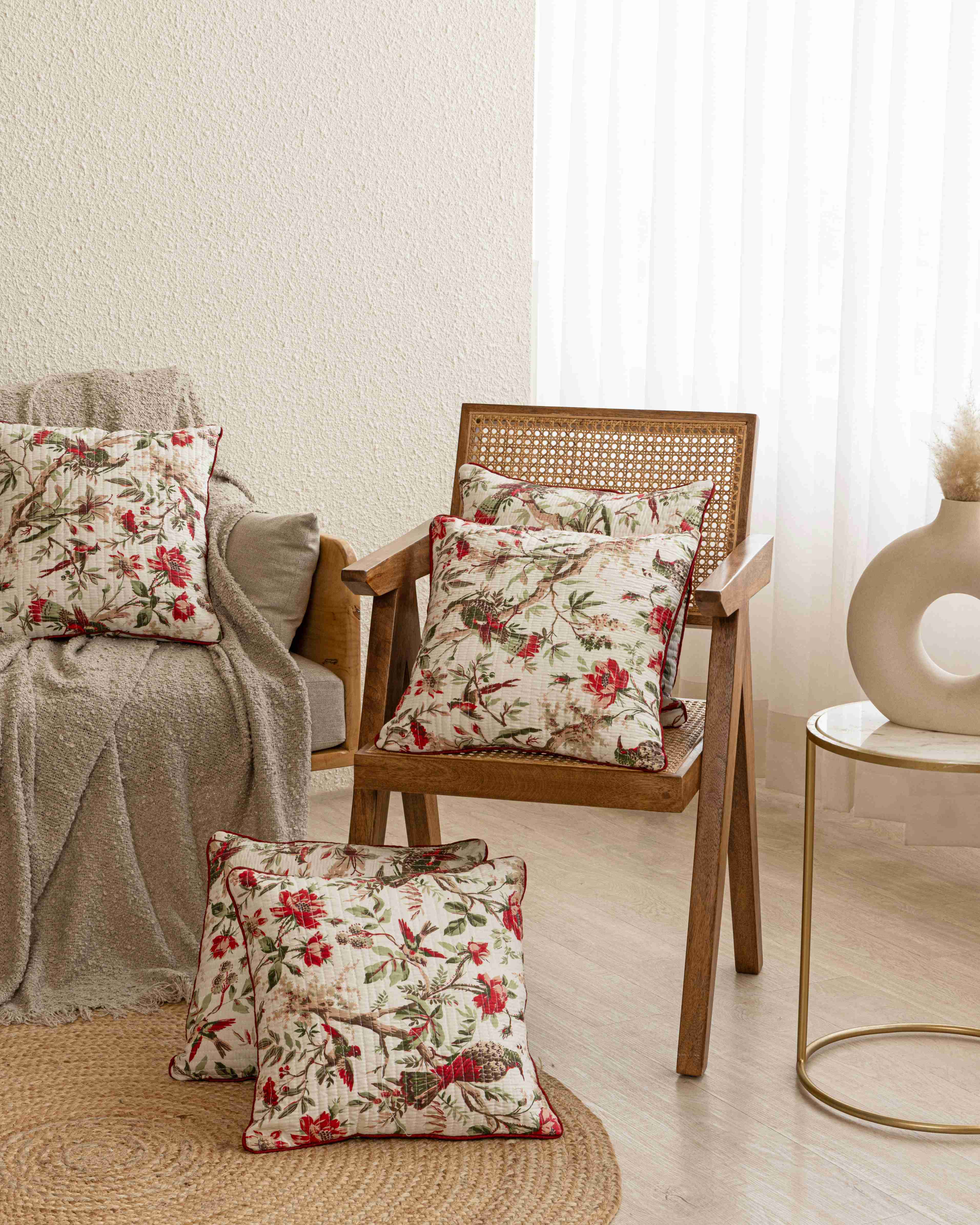 Anokhi Flamingo Print Bedsheet and Red Quilted Flamingo Blossom Cushion Cover Combo Set