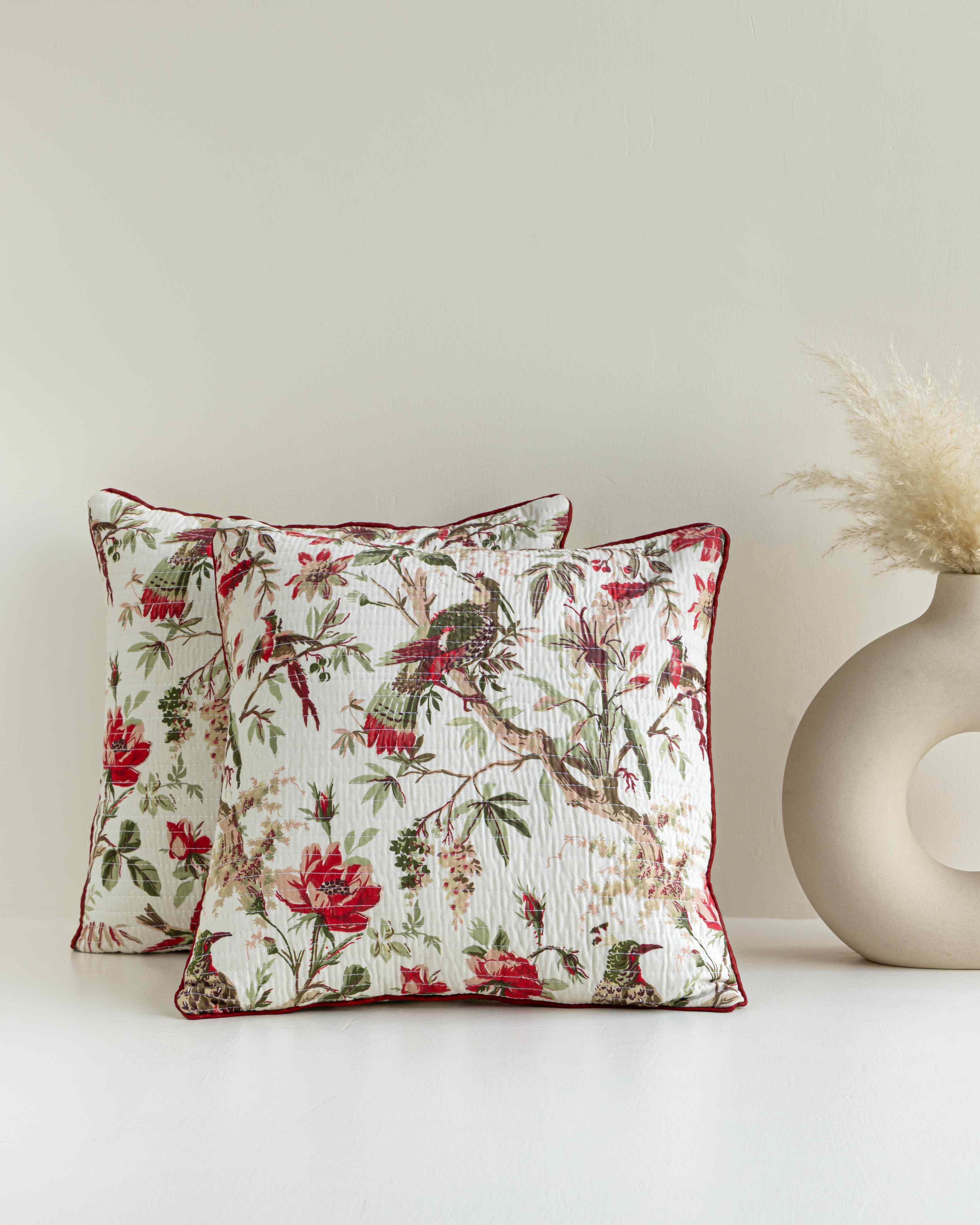 Anokhi Flamingo Print Bedsheet and Red Quilted Flamingo Blossom Cushion Cover Combo Set