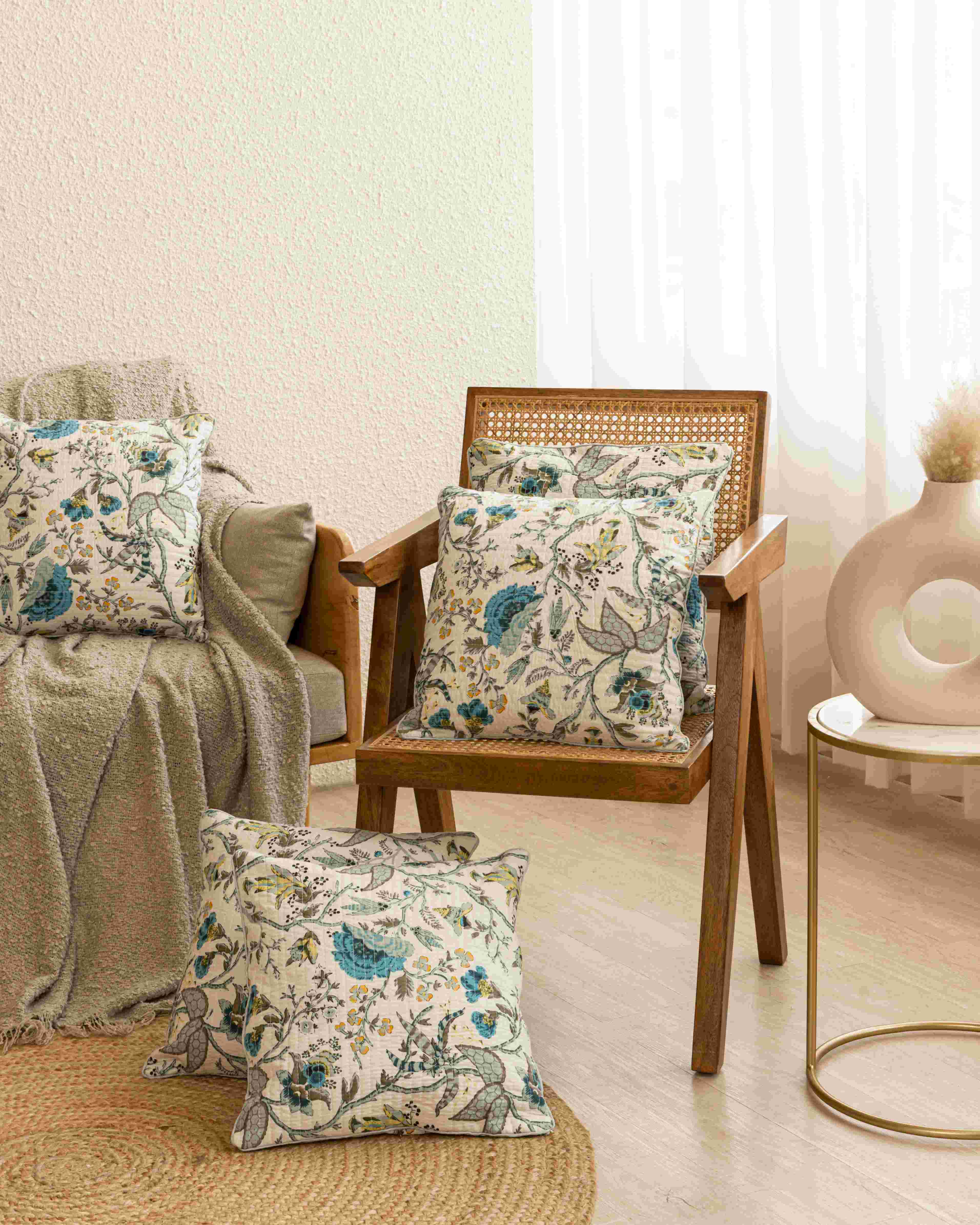 Anokhi Cluster Leaflet Bedsheet and Quilted Sapphire Blossom Cushion Cover Combo Set