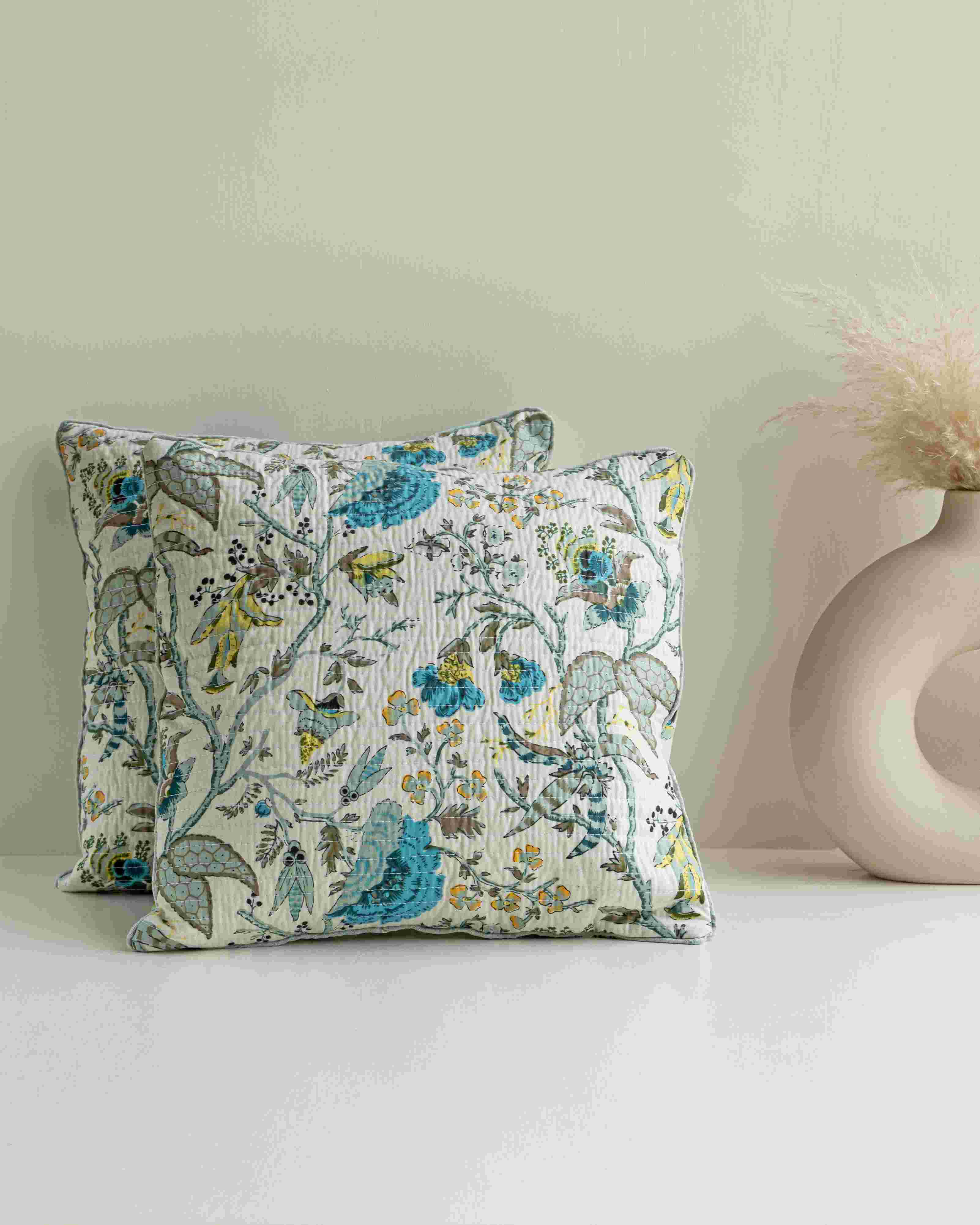 Anokhi Cluster Leaflet Bedsheet and Quilted Sapphire Blossom Cushion Cover Combo Set