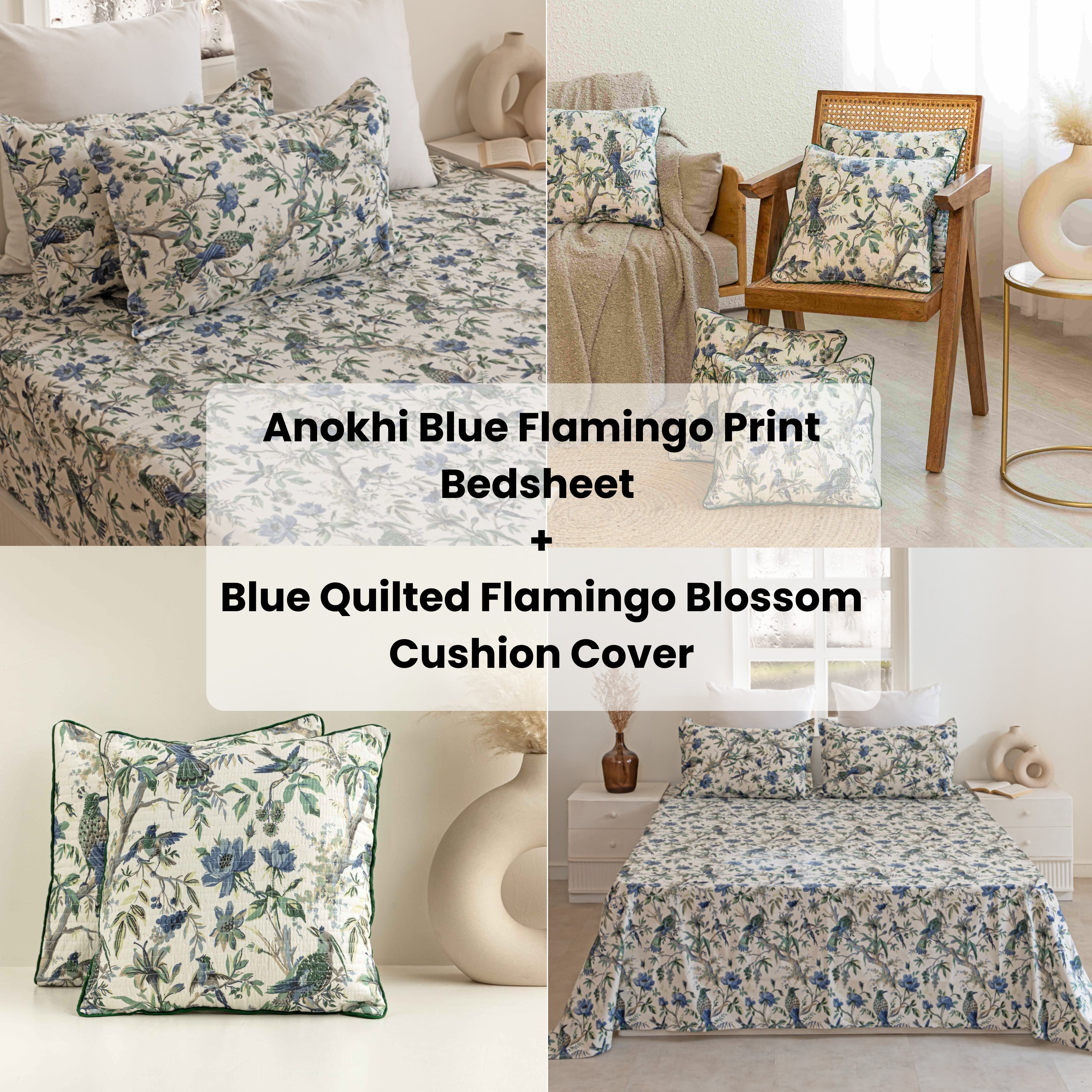  Anokhi Blue Flamingo Print Bedsheet and Blue Quilted Flamingo Blossom Cushion Cover Combo Set
