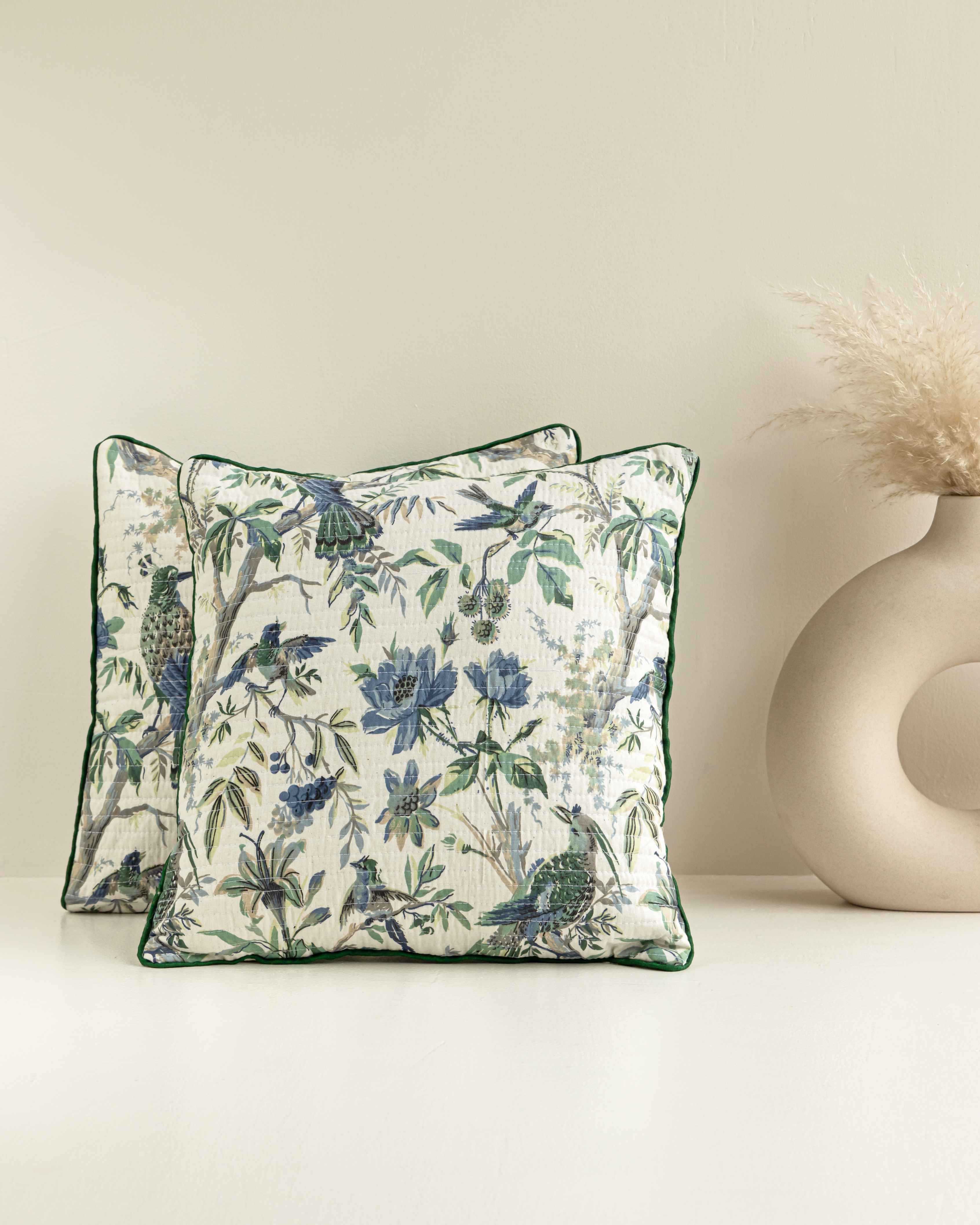 Anokhi Blue Flamingo Print Bedsheet and Blue Quilted Flamingo Blossom Cushion Cover Combo Set