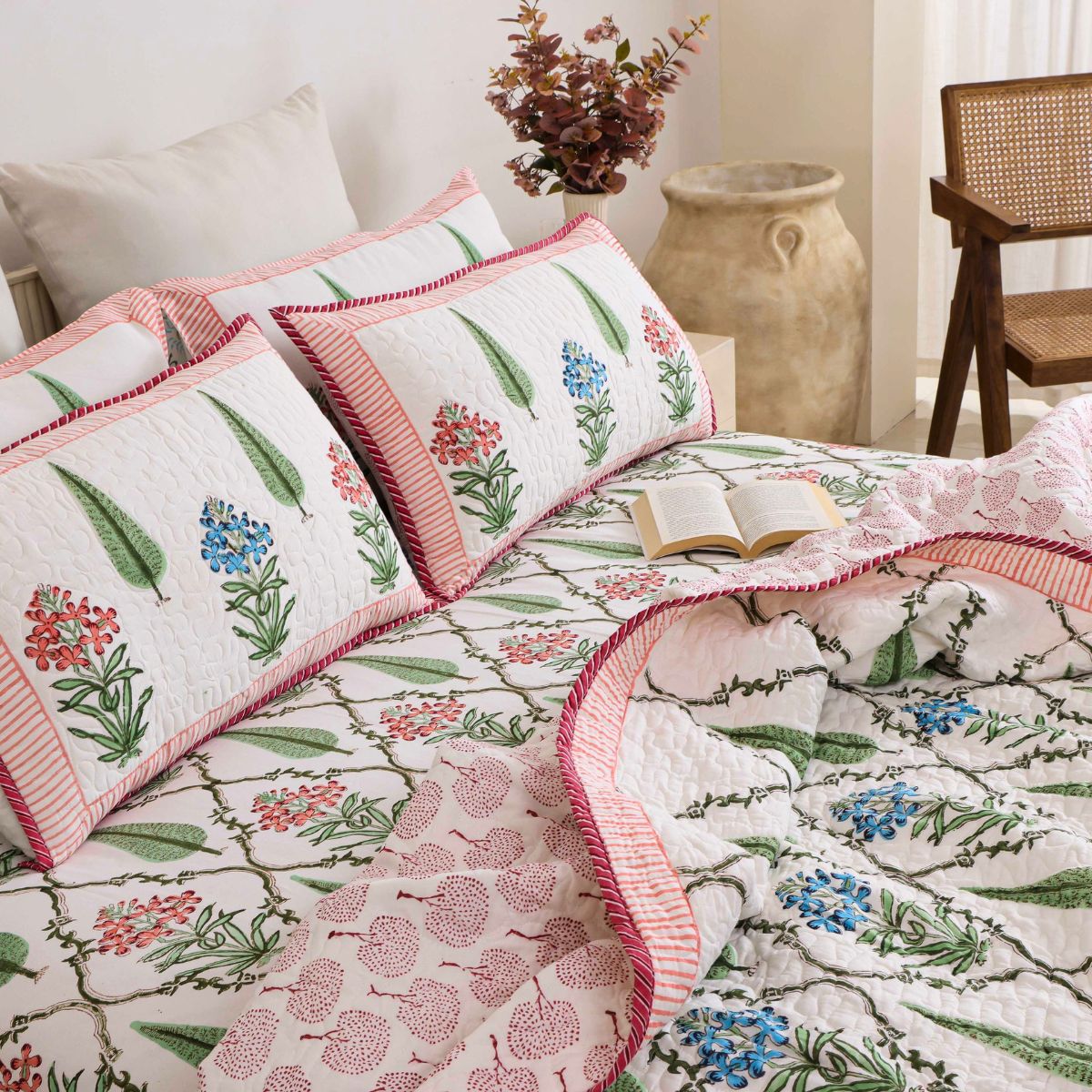 The Tuscan Garden Rose & Olive Block-Printed Bedspread with 2 Pillow Covers