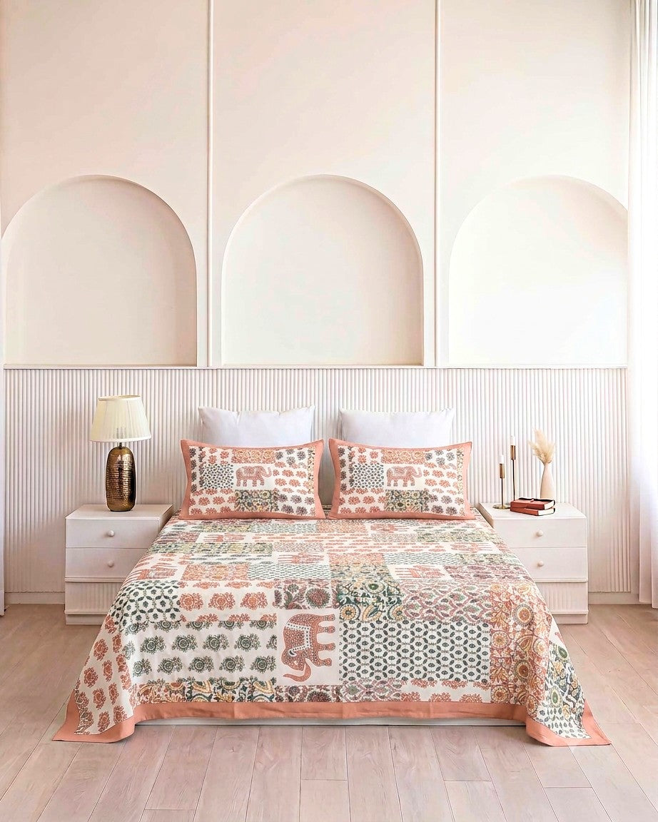 Royal Elephant Heritage Patchwork Pure Cotton King Size Bedsheet