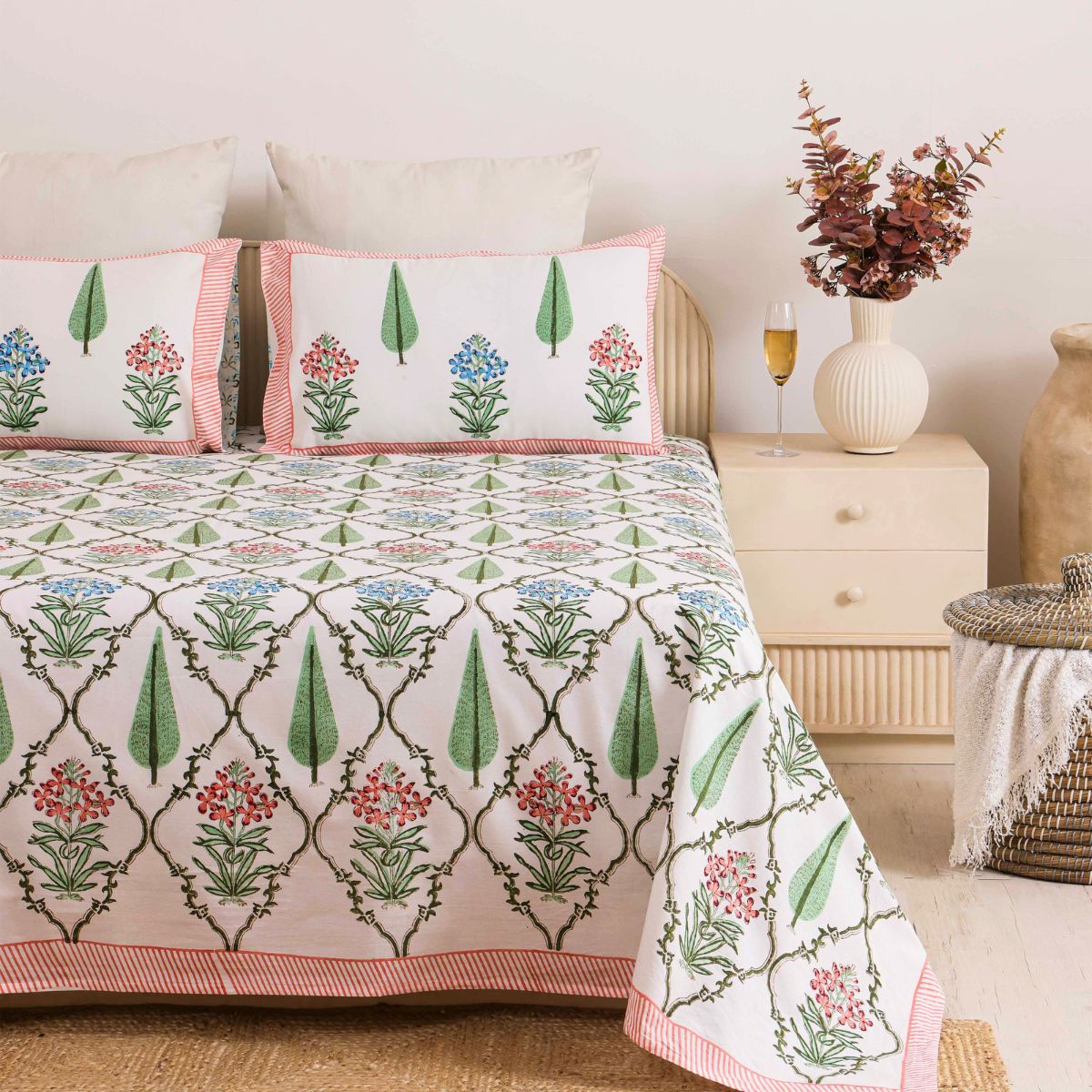 The Tuscan Garden Rose & Olive Block-Printed Bedsheet with 2 Pillow Covers