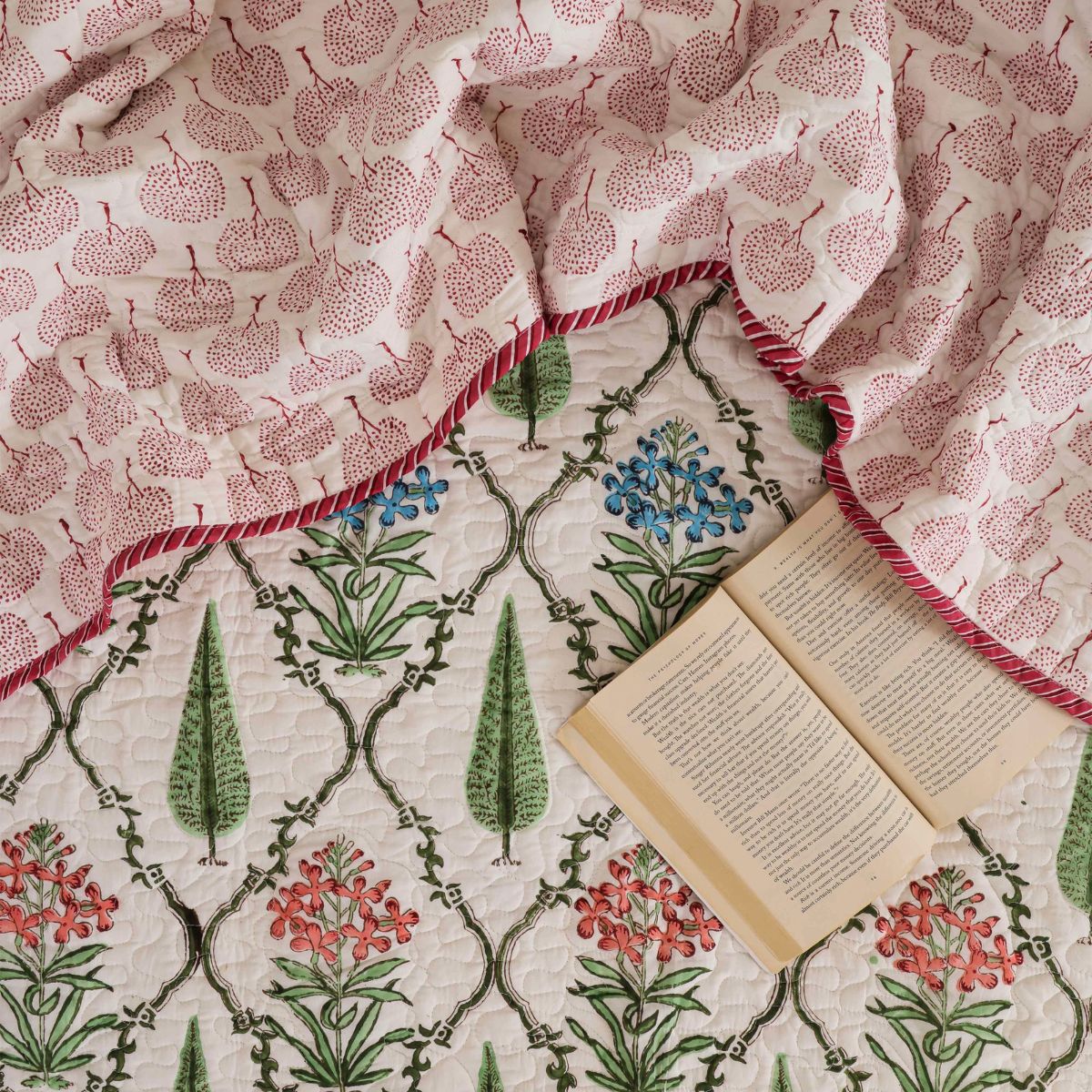 The Tuscan Garden Rose & Olive Block-Printed Bedspread & Sheet Suite