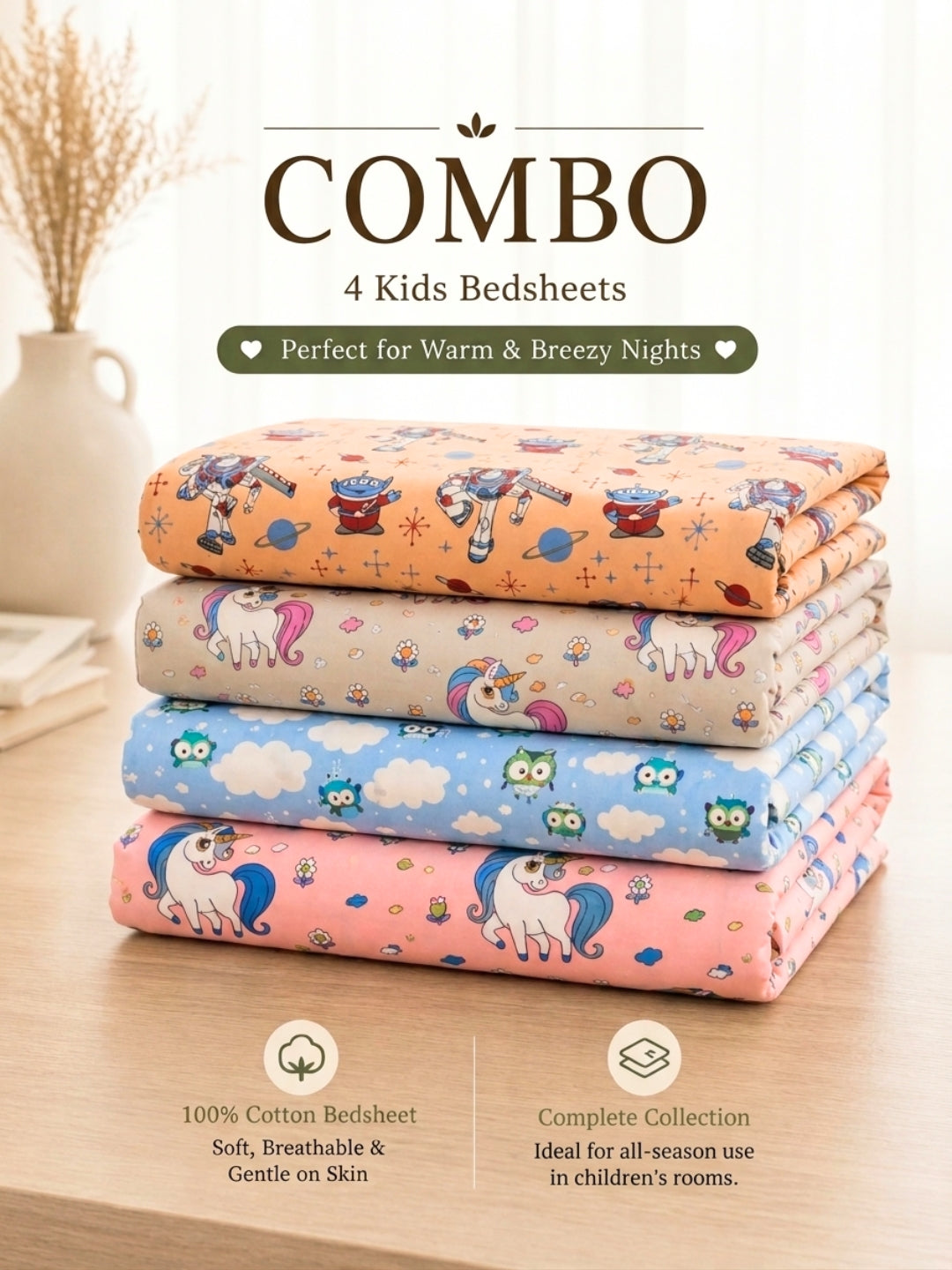 All-Season Kids Bedsheet Bundle – Pack of 4 Assorted Prints