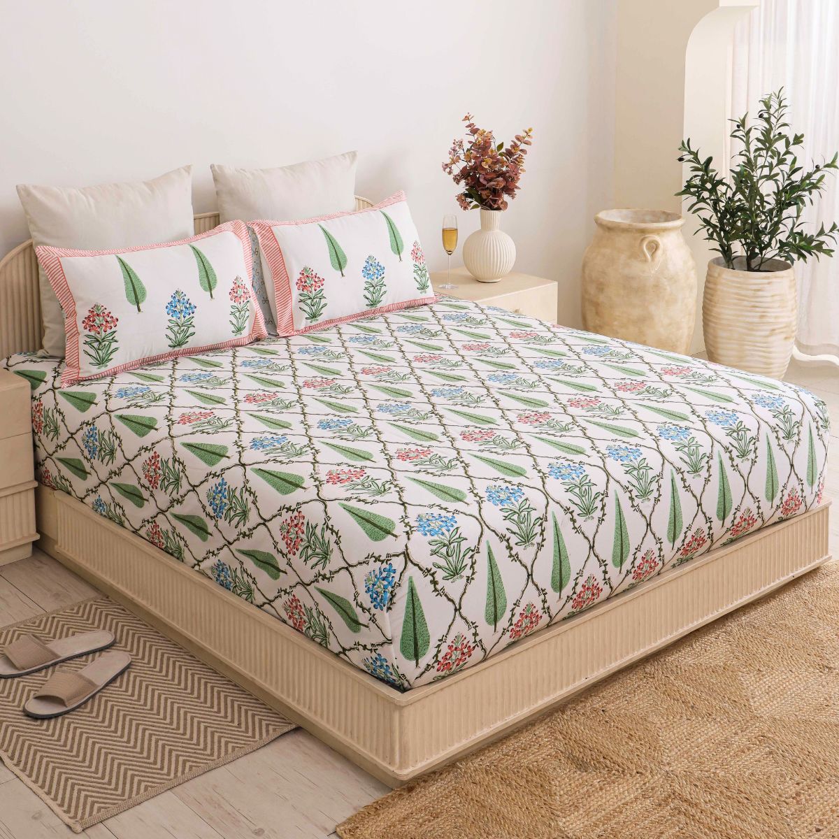The Tuscan Garden Rose & Olive Block-Printed Bedspread & Sheet Suite