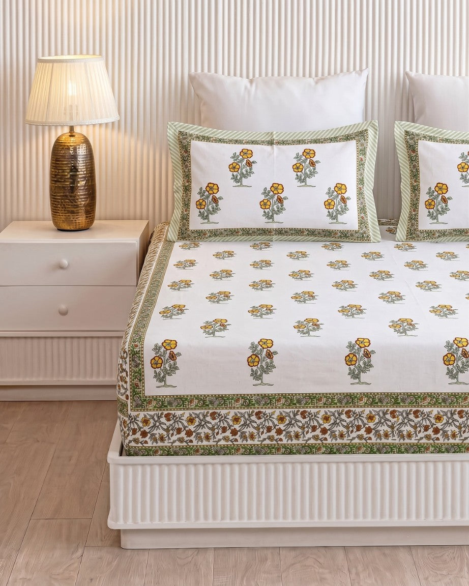 Vibrant Marigold Meadow Pure Cotton King Size Bedsheet