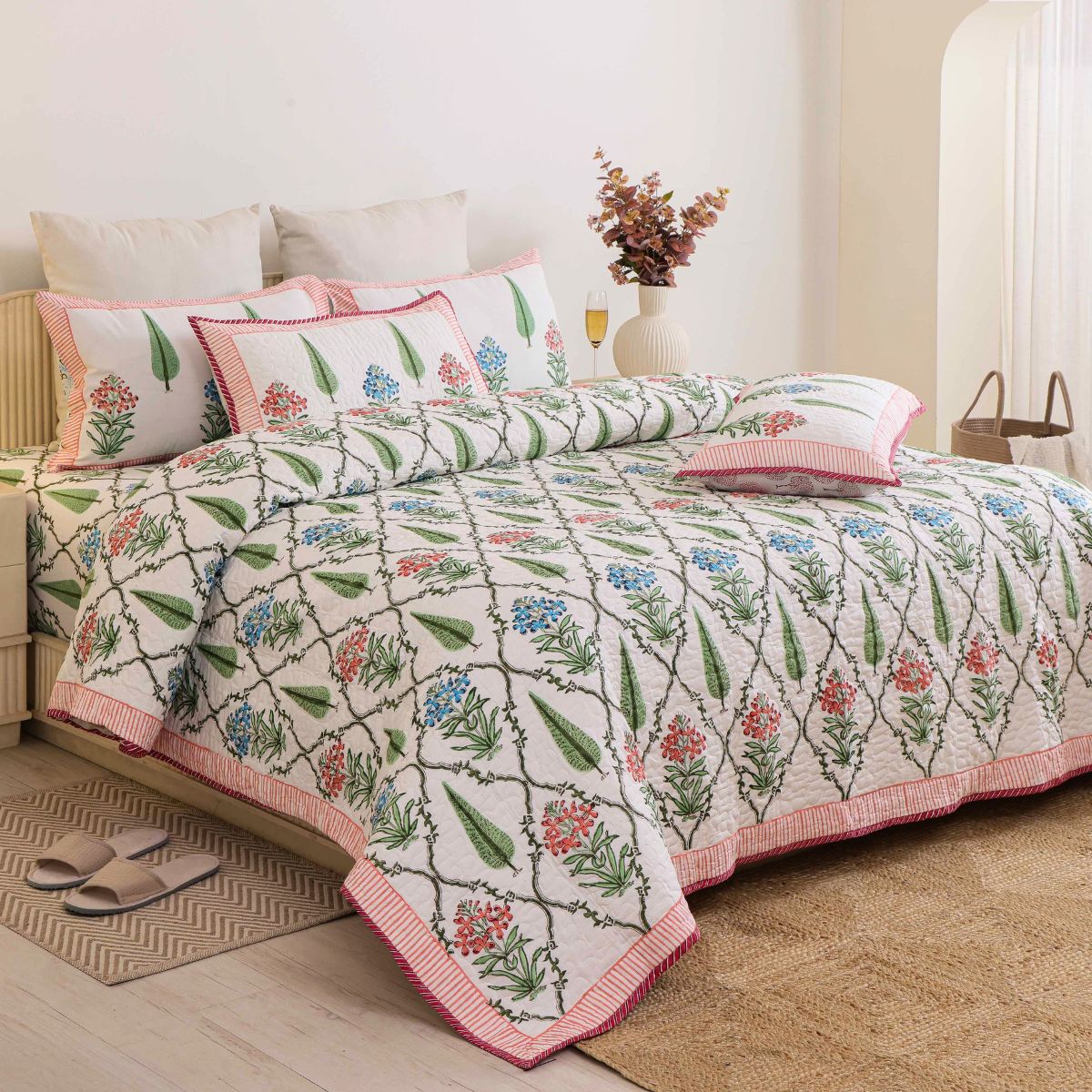 The Tuscan Garden Rose & Olive Block-Printed Bedspread & Sheet Suite