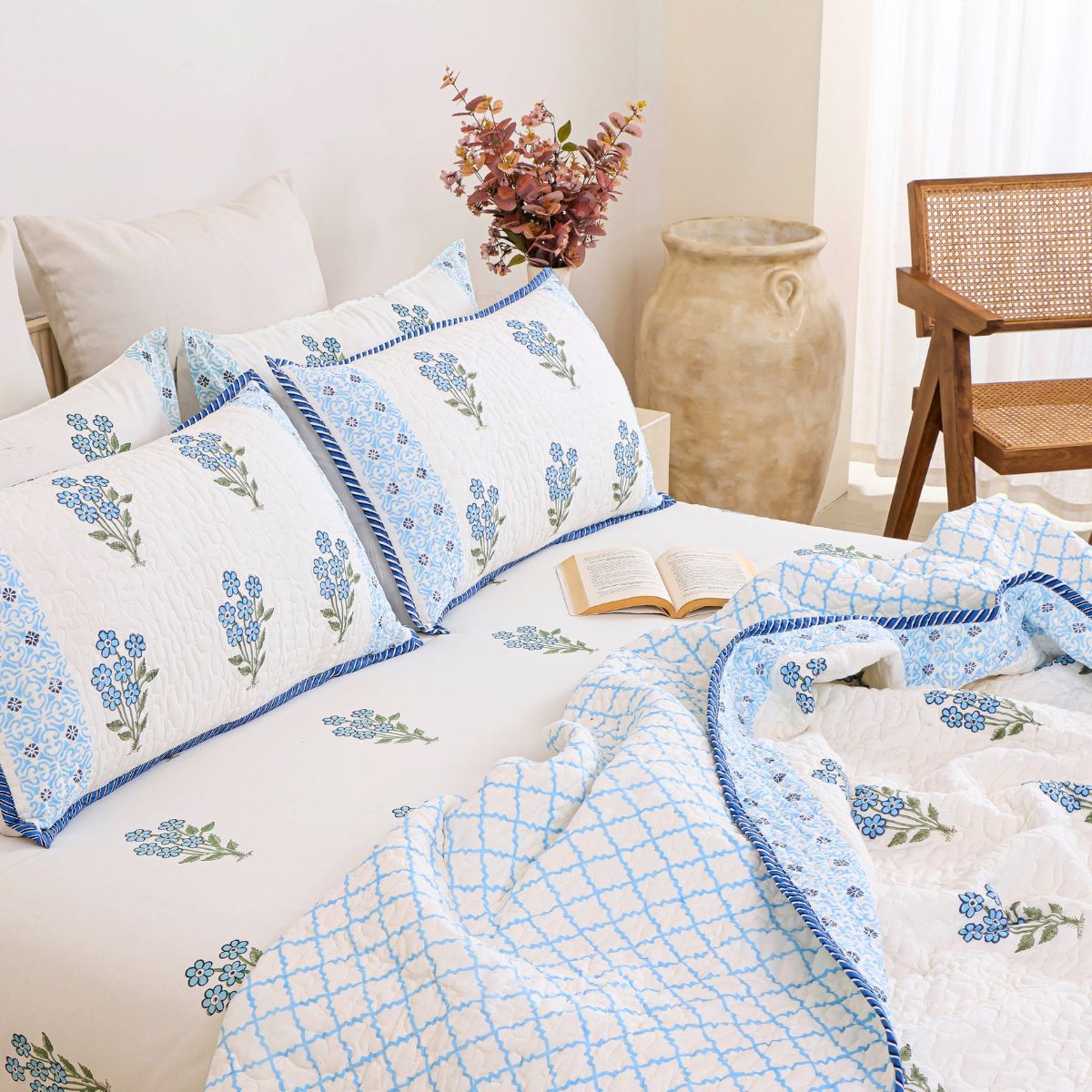 The French Riviera Powder Blue Floral Cotton Bedspread with 2 Pillow Covers