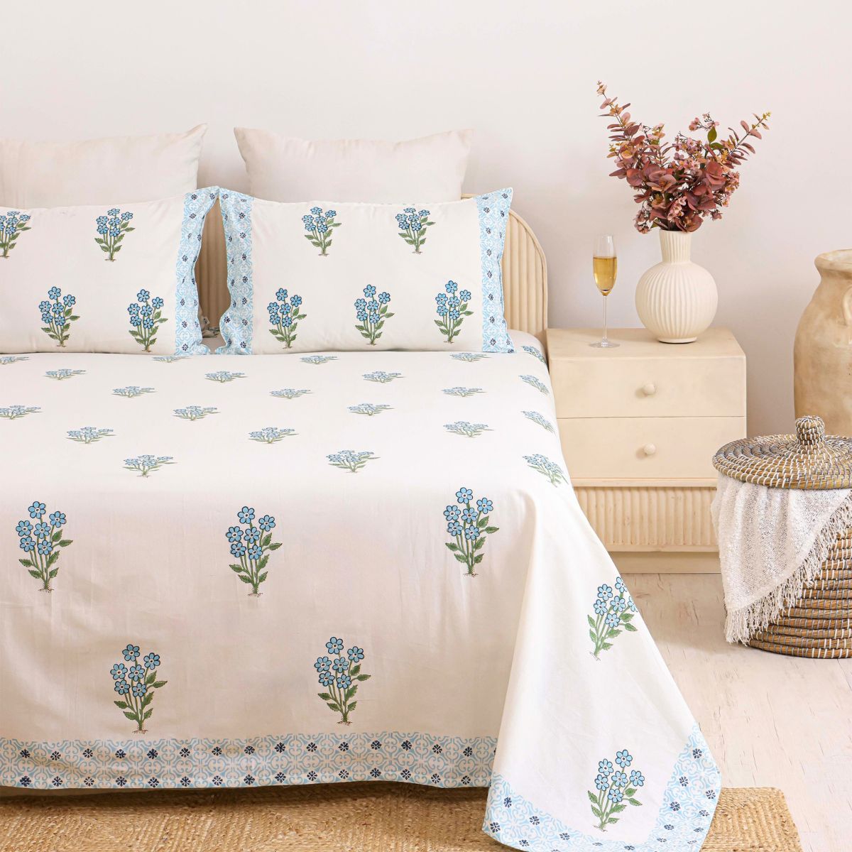 The French Riviera Powder Blue Floral Cotton Bedsheet with 2 Pillow Covers