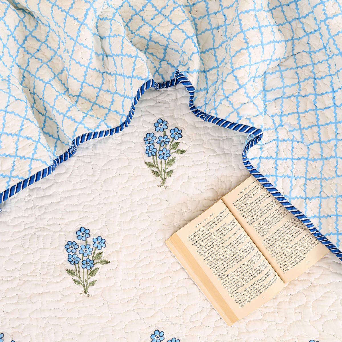 The French Riviera Powder Blue Floral Cotton Bedspread with 2 Pillow Covers