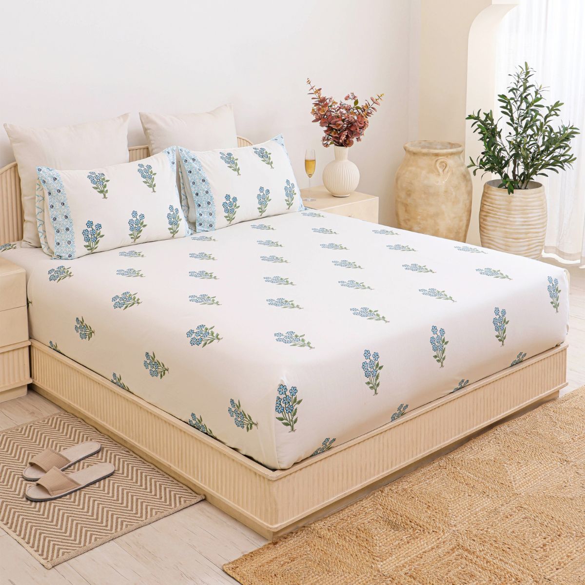 The French Riviera Powder Blue Floral Cotton Bedspread & Sheet Suite