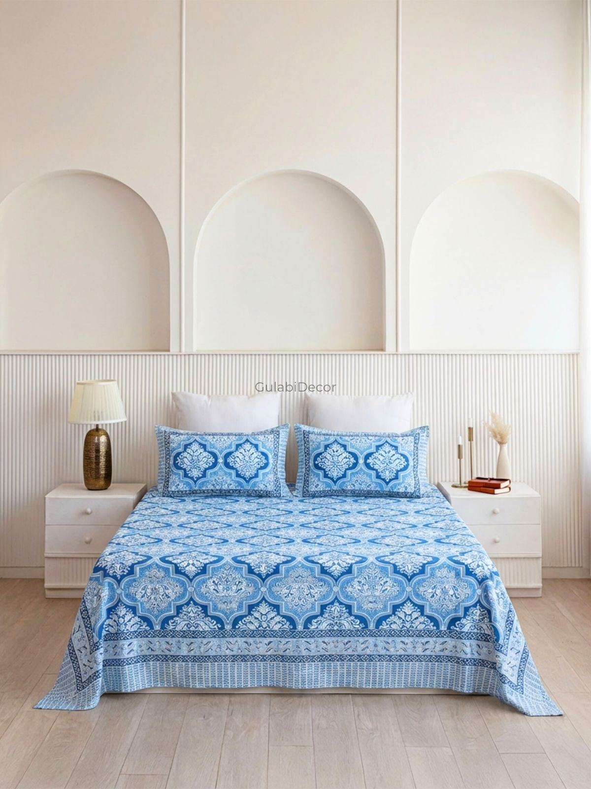 Damask Medallion Azure Blue Pure Cotton Double Bedsheet