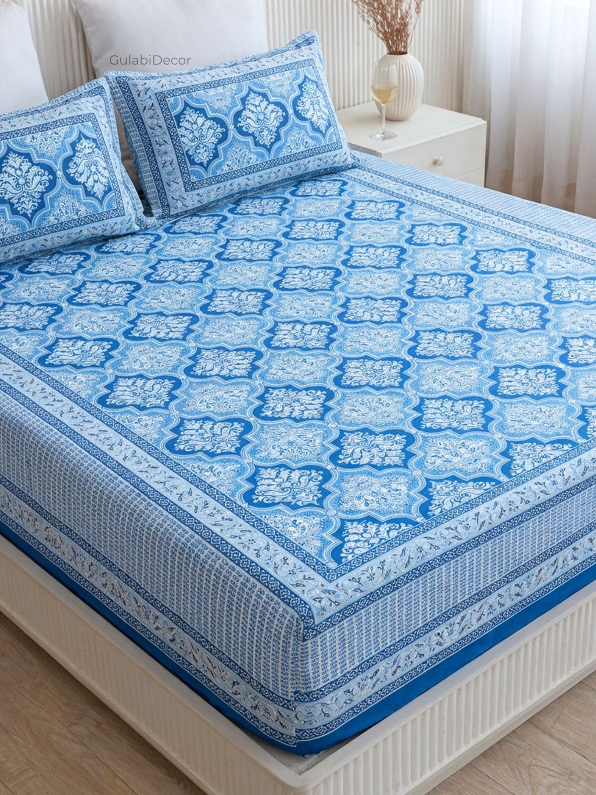 Damask Medallion Azure Blue Pure Cotton Double Bedsheet