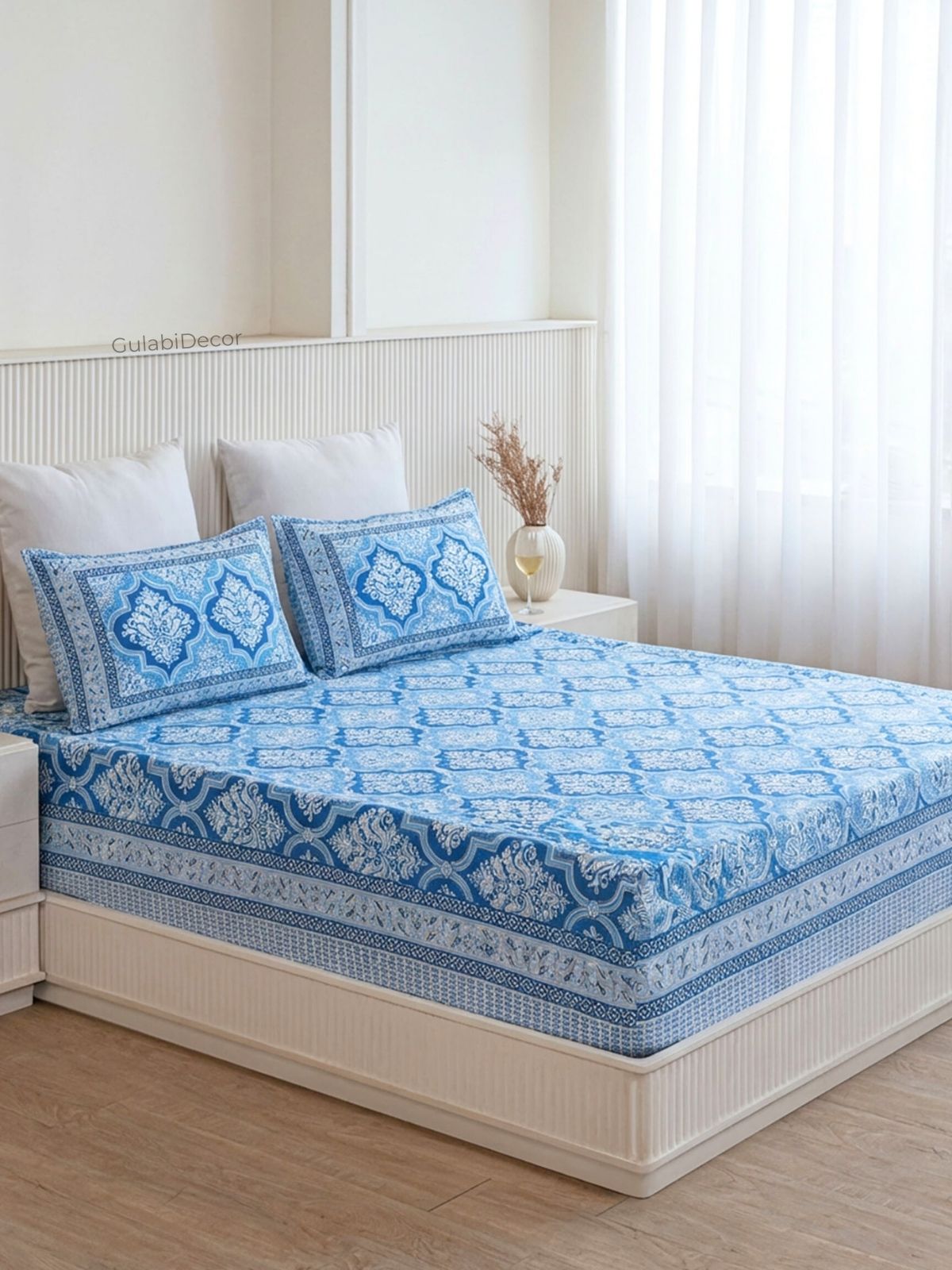 Damask Medallion Azure Blue Pure Cotton Double Bedsheet