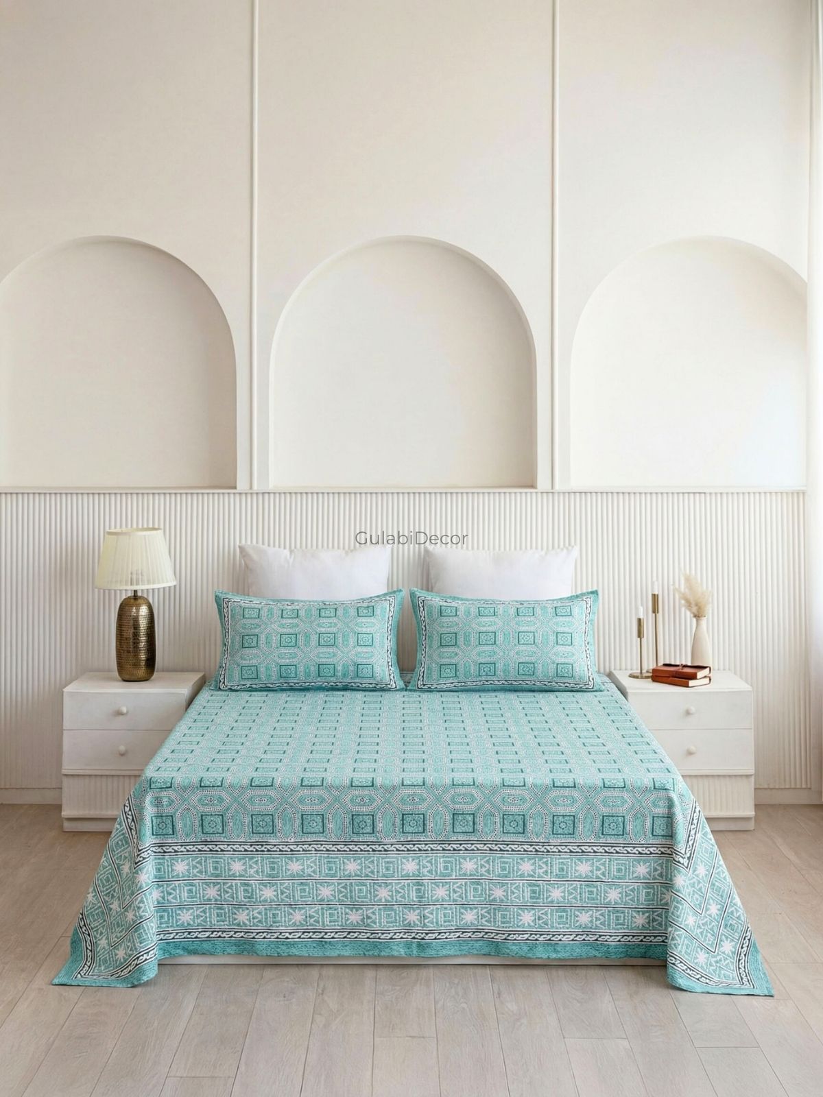 Geometric Lattice Aegean Blue Pure Cotton Double Bedsheet