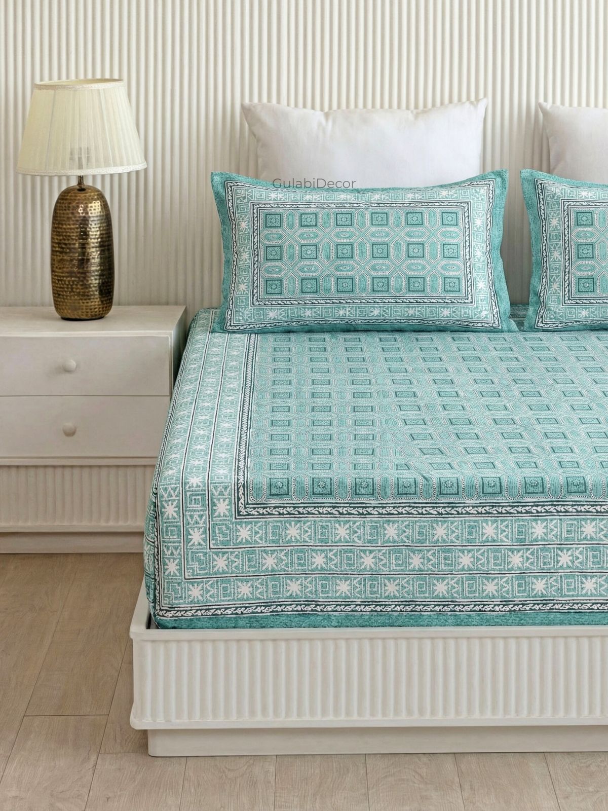 Geometric Lattice Aegean Blue Pure Cotton Double Bedsheet