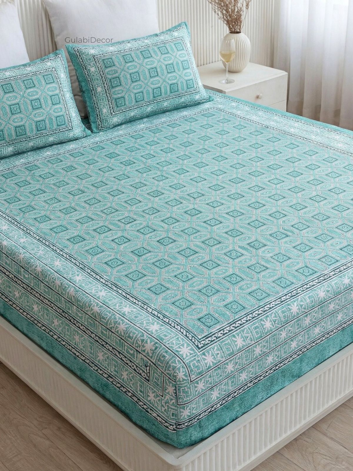 Geometric Lattice Aegean Blue Pure Cotton Double Bedsheet