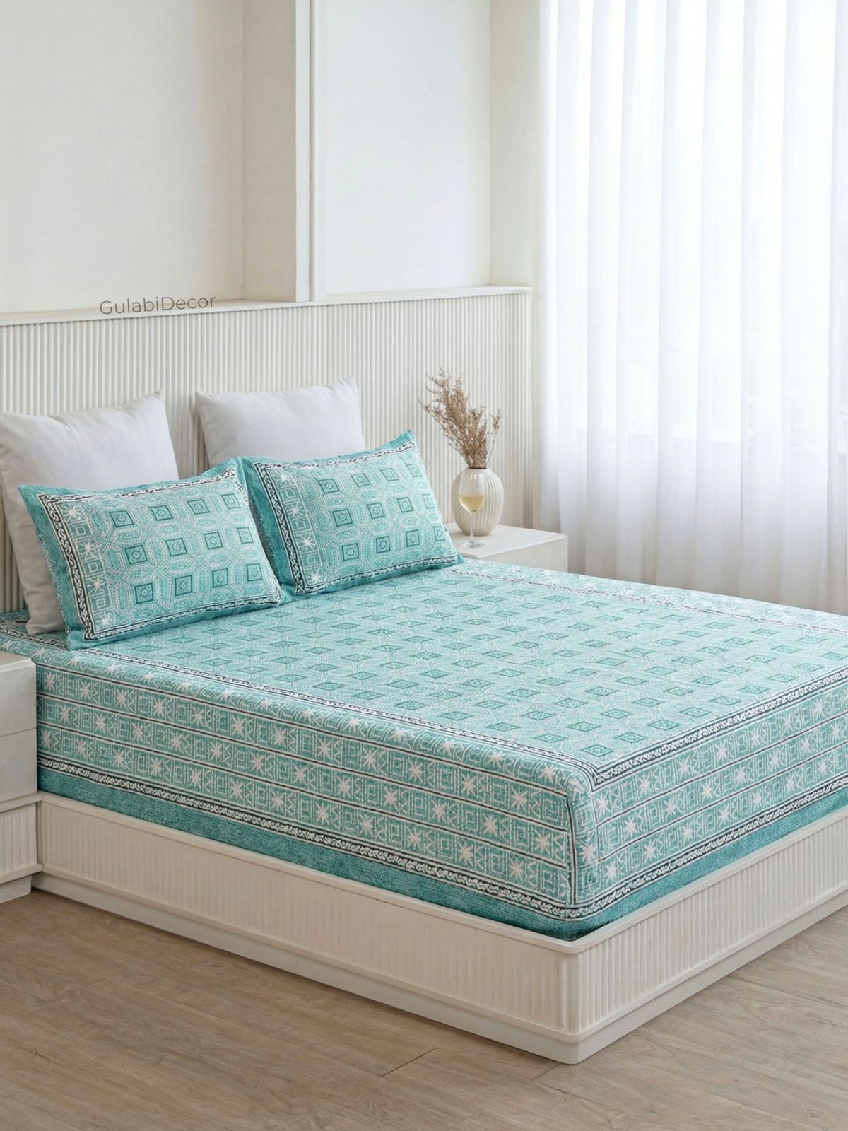 Geometric Lattice Aegean Blue Pure Cotton Double Bedsheet