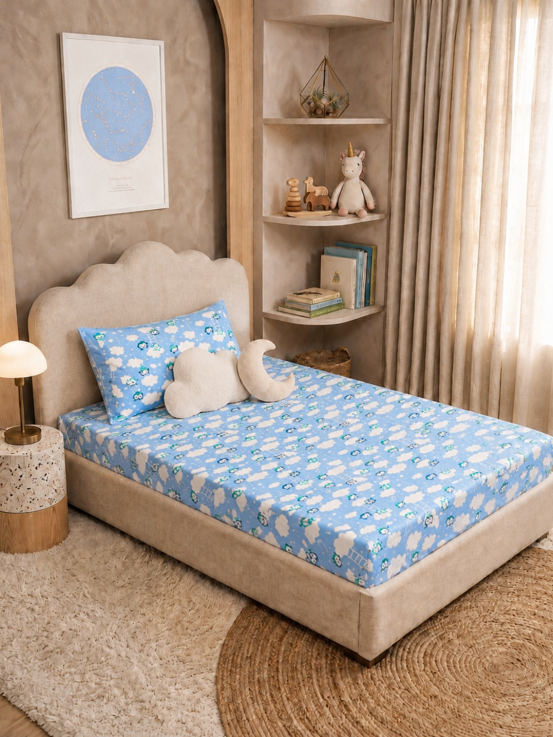 Starlight Owls & Fluffy Clouds Kids Bedsheet