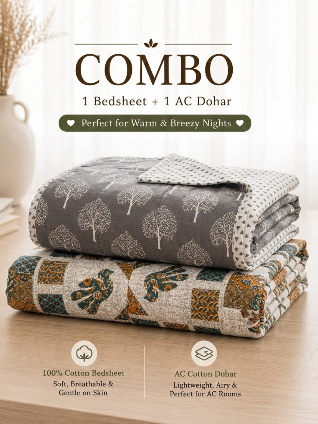 Multishape Cultural Bedsheet & Grey White Betel Leaf Dohar Combo