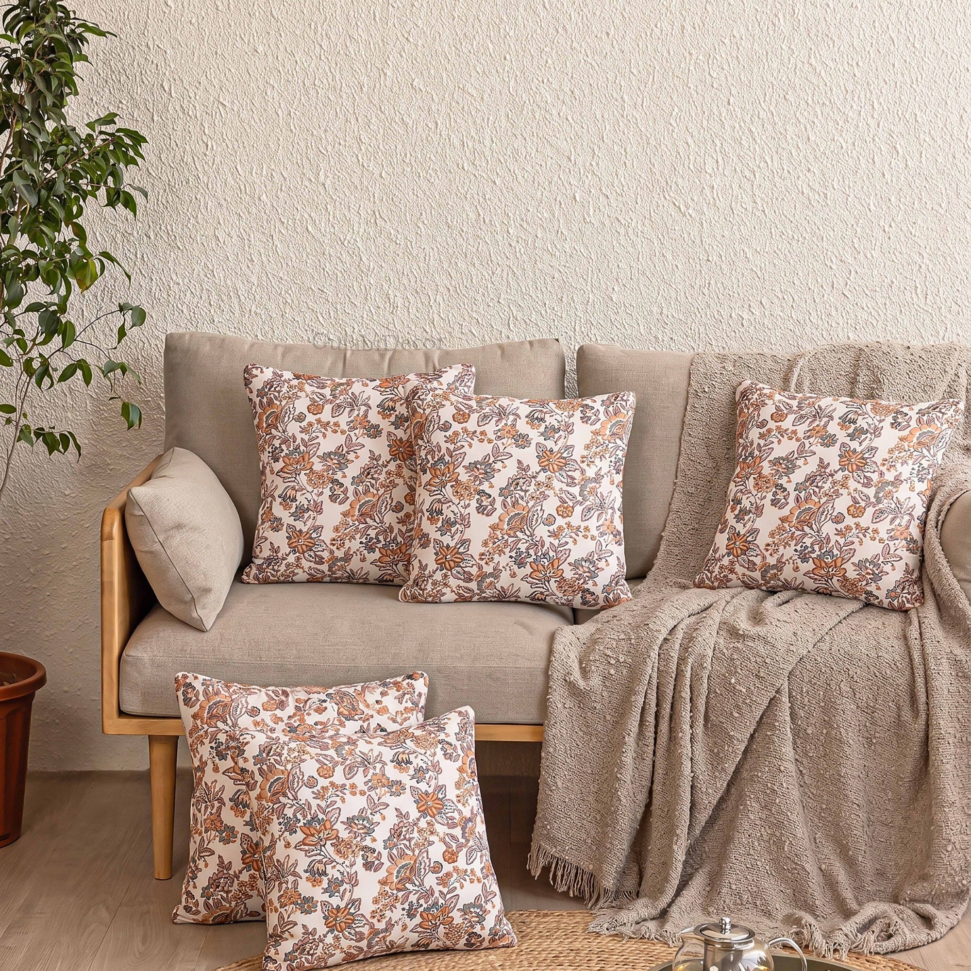 Classic Hand-Block Caramel Heritage Vine Cushion Covers