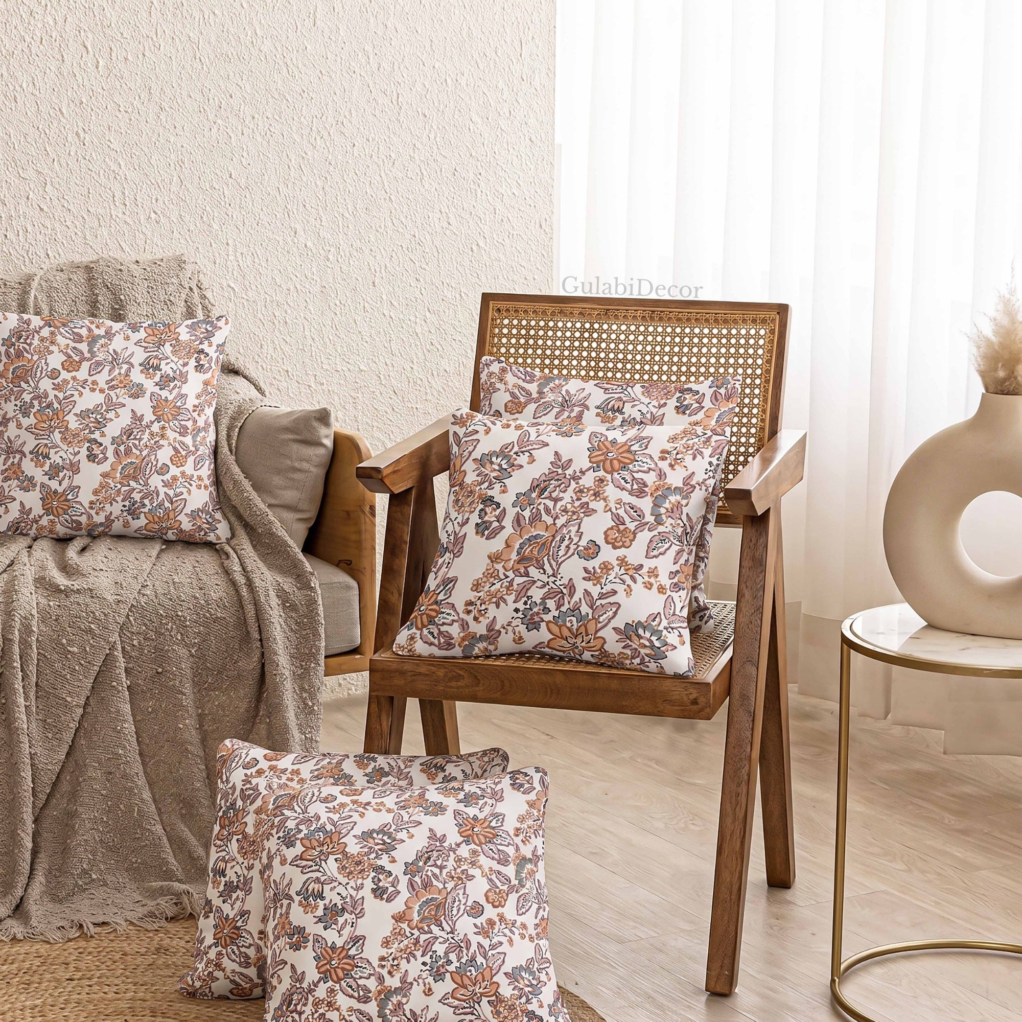 Classic Hand-Block Caramel Heritage Vine Cushion Covers