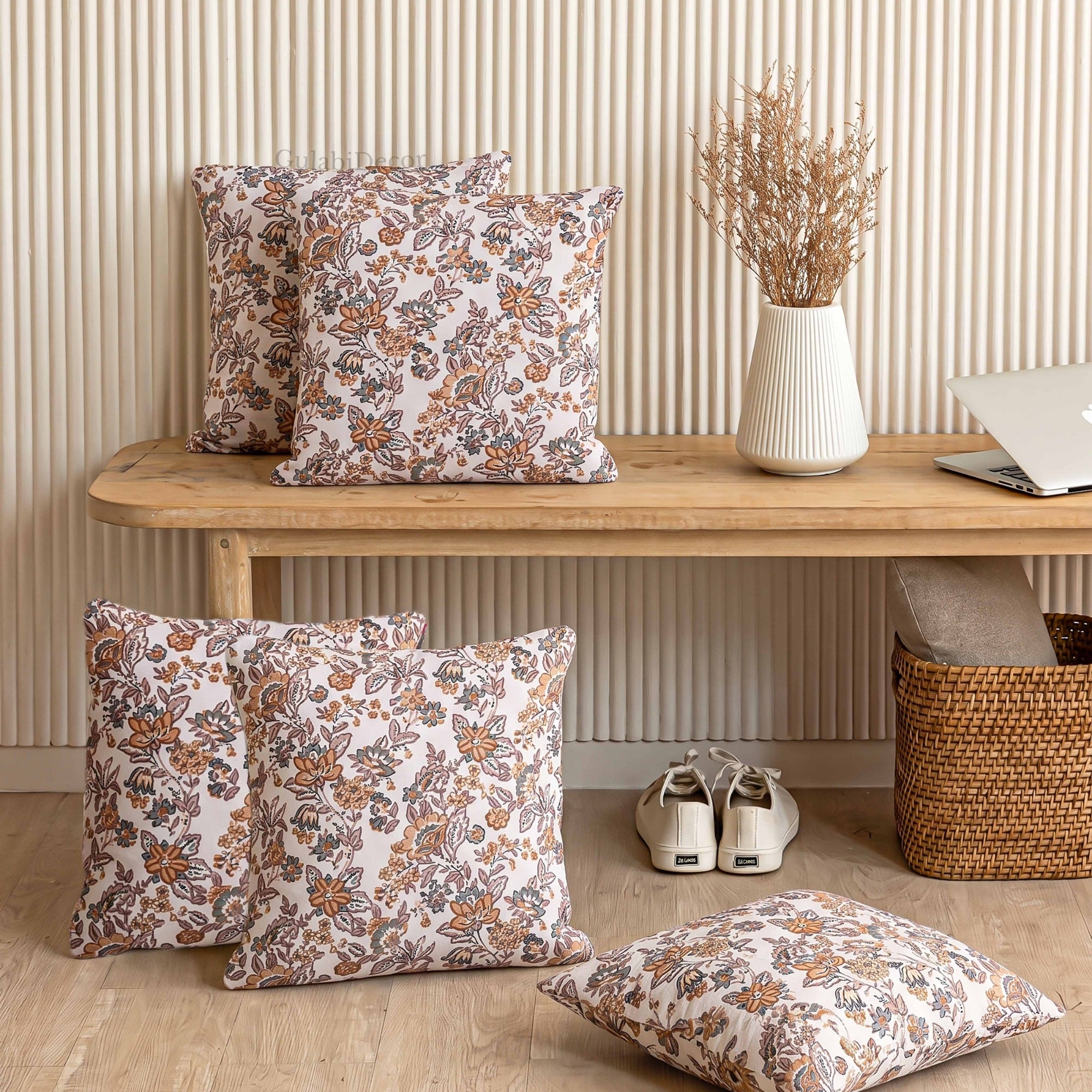 Classic Hand-Block Caramel Heritage Vine Cushion Covers