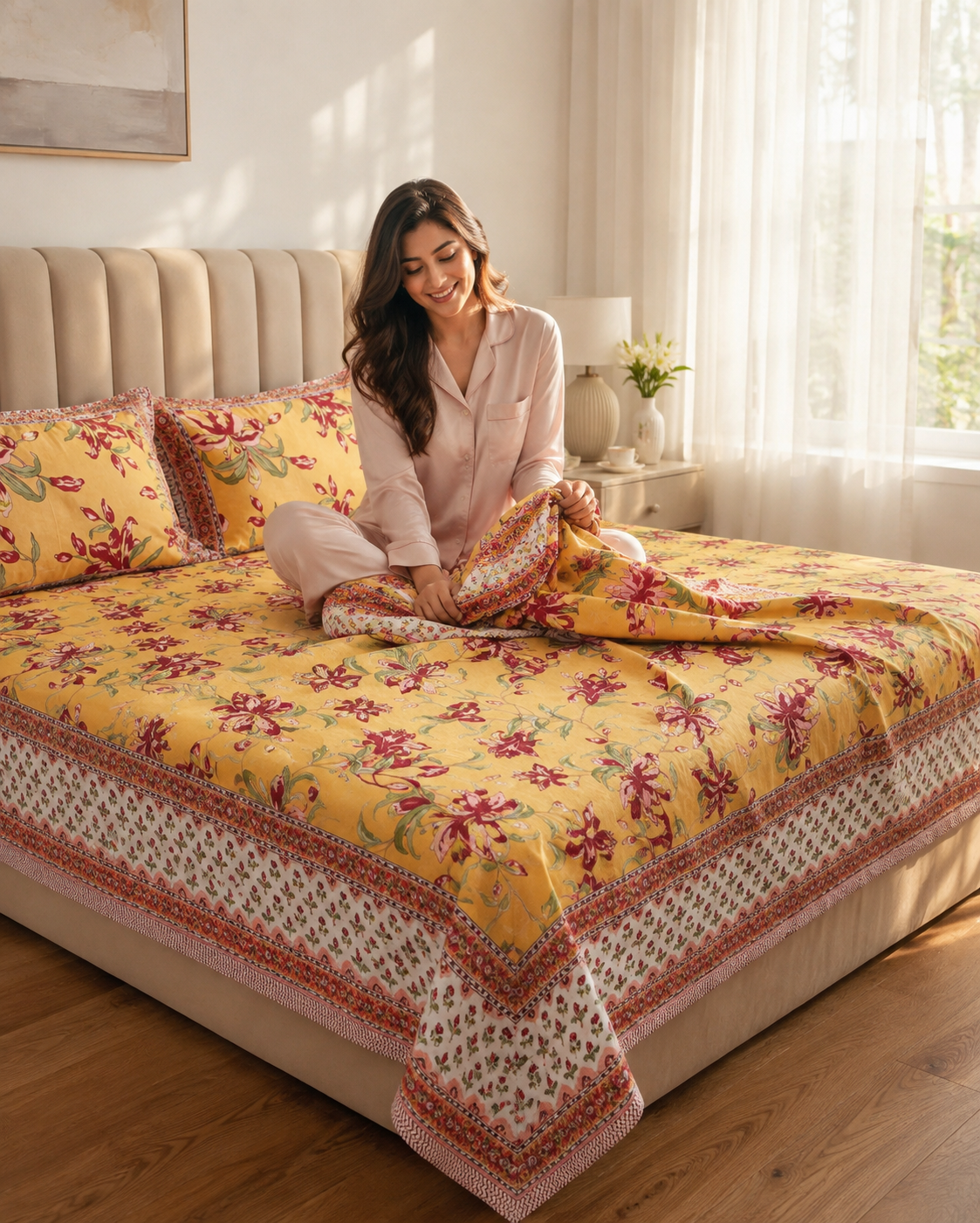 Summer Saffron Meadow 100% Pure Cotton Double Bedsheet