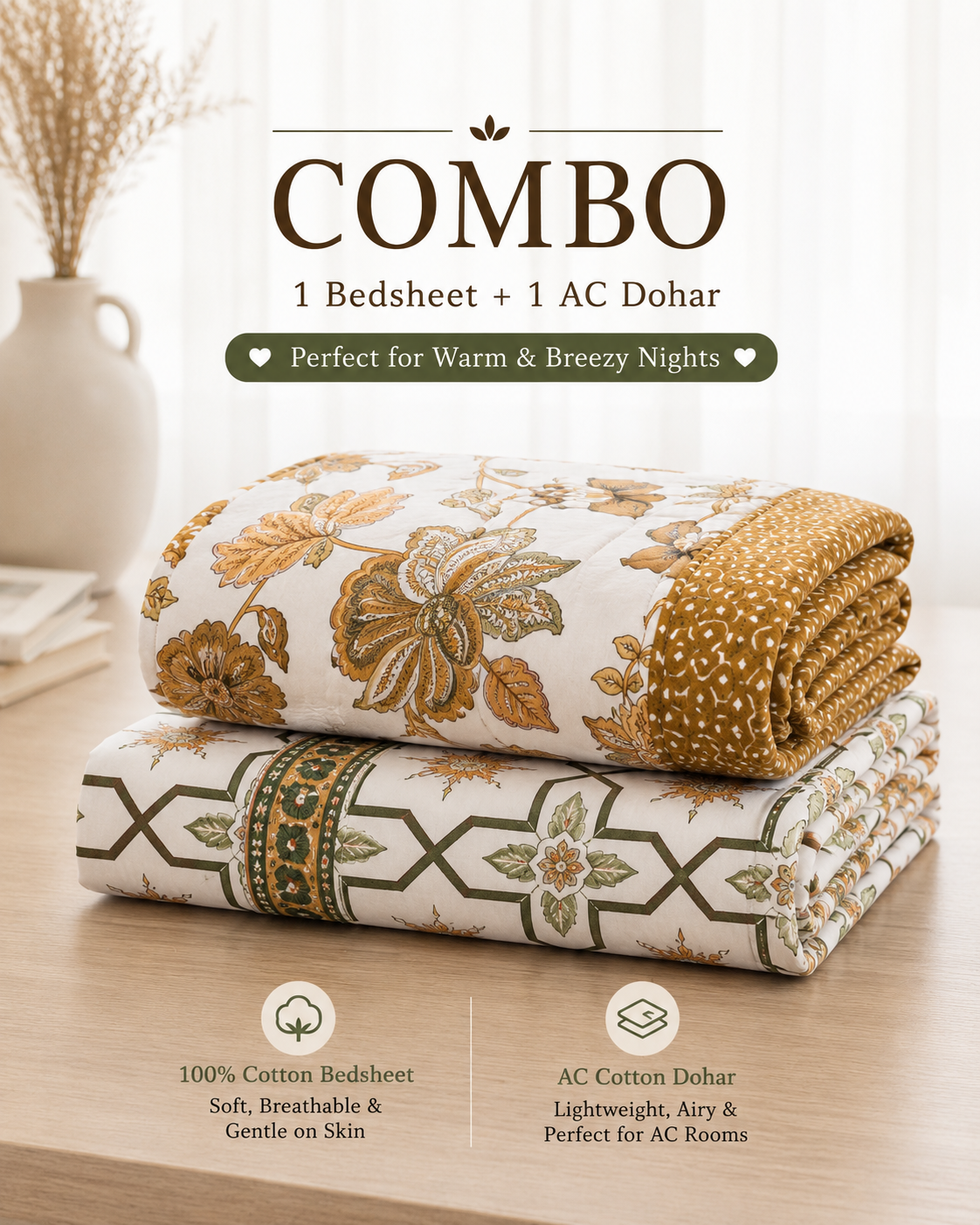 Quatrefoil Bedsheet & White Camel Reversible Dohar Combo