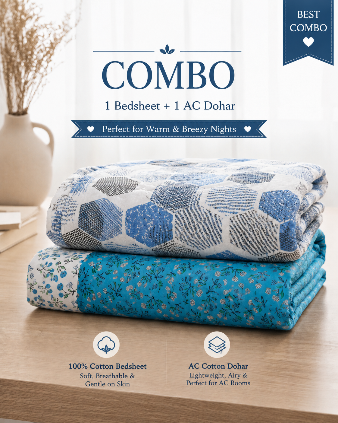 Blue Hexa Mosaic Bedsheet & Turquoise Reversible Dohar Combo