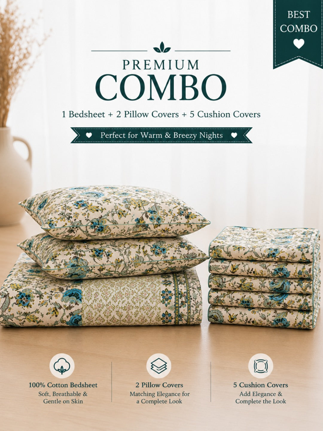 Anokhi Cluster Leaflet Bedsheet and Quilted Sapphire Blossom Cushion Cover Combo Set