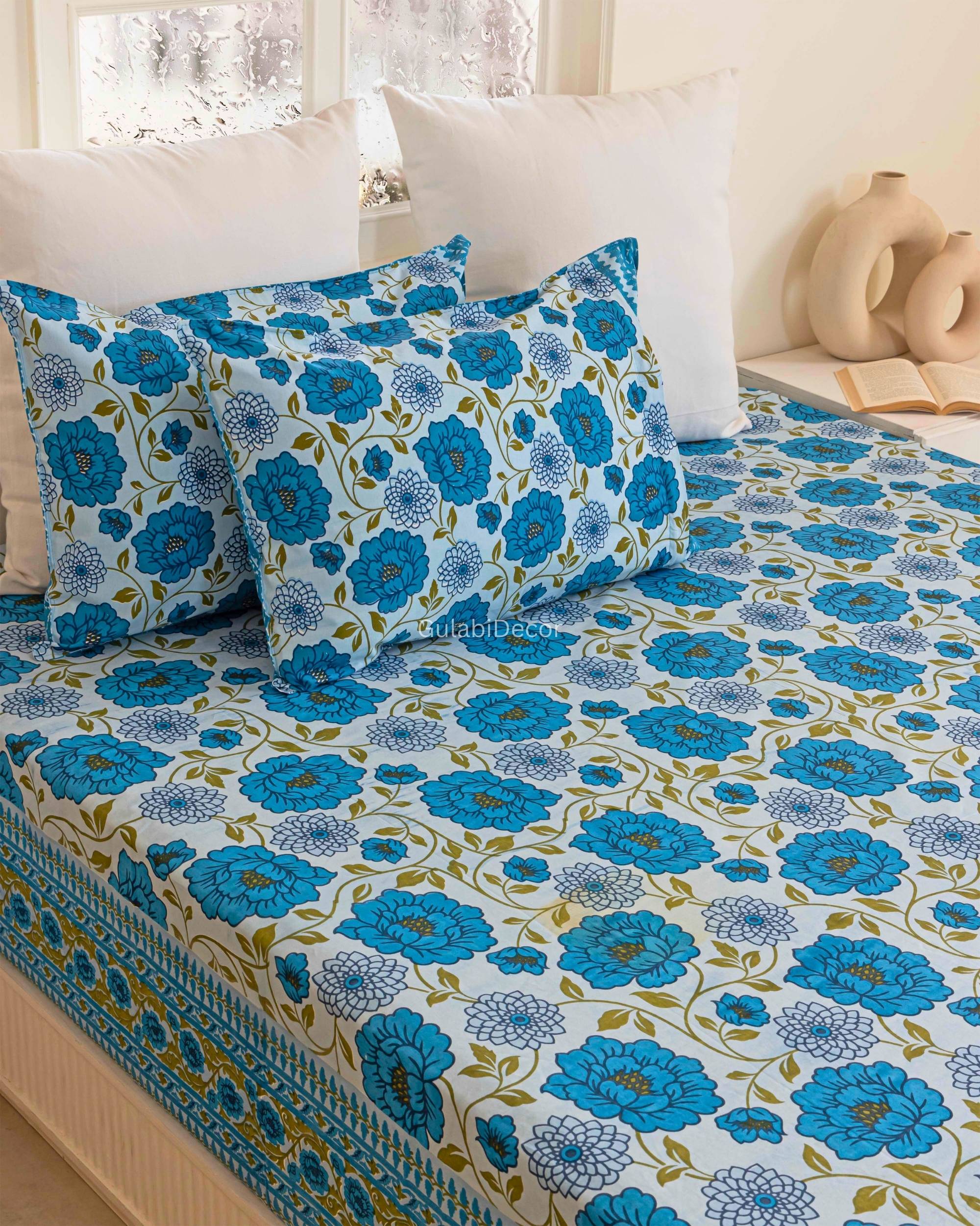 Azure Blue & White Floral Garden Double Bedsheet with Vine Border