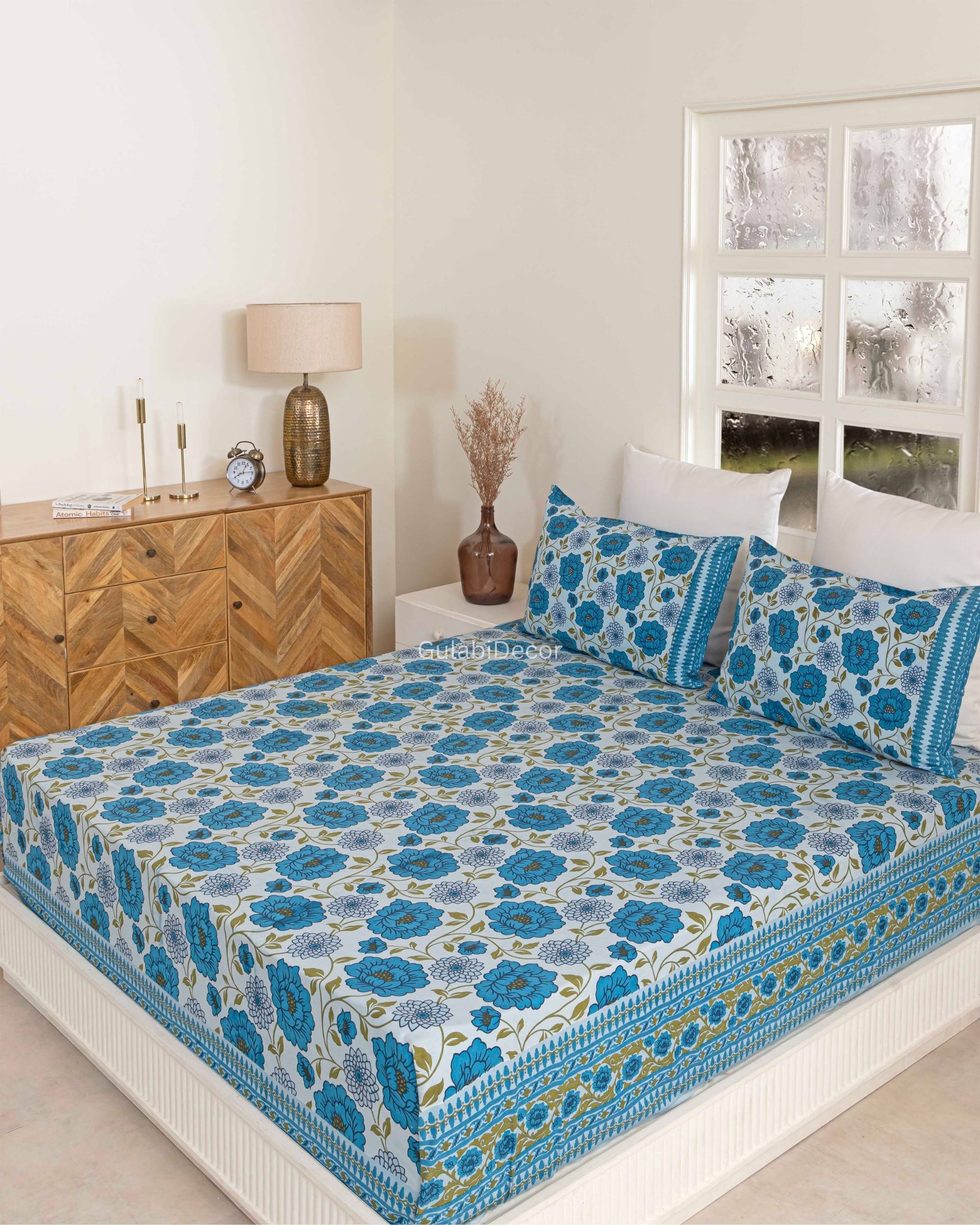 Azure Blue & White Floral Garden Double Bedsheet with Vine Border