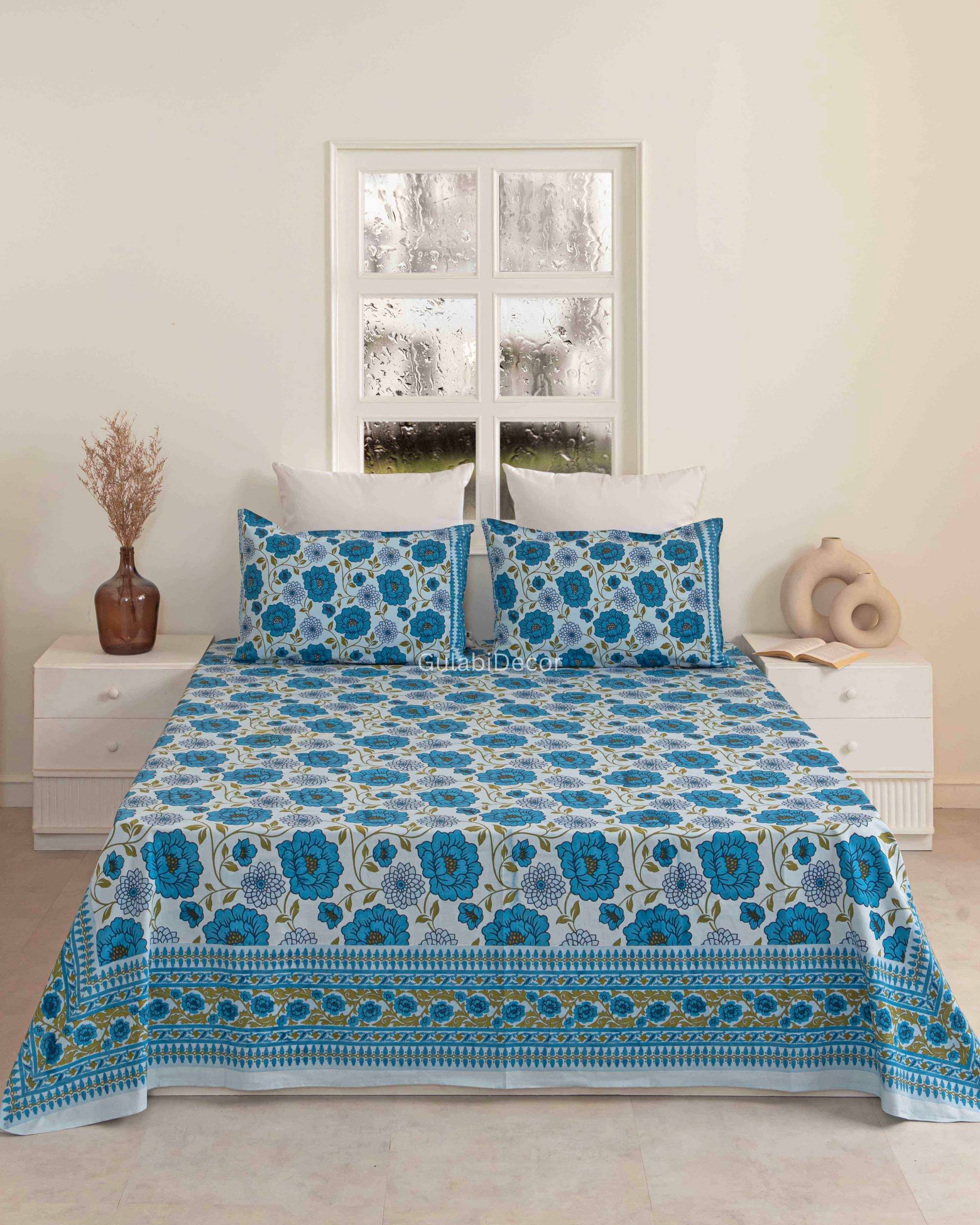 Azure Blue & White Floral Garden Double Bedsheet with Vine Border