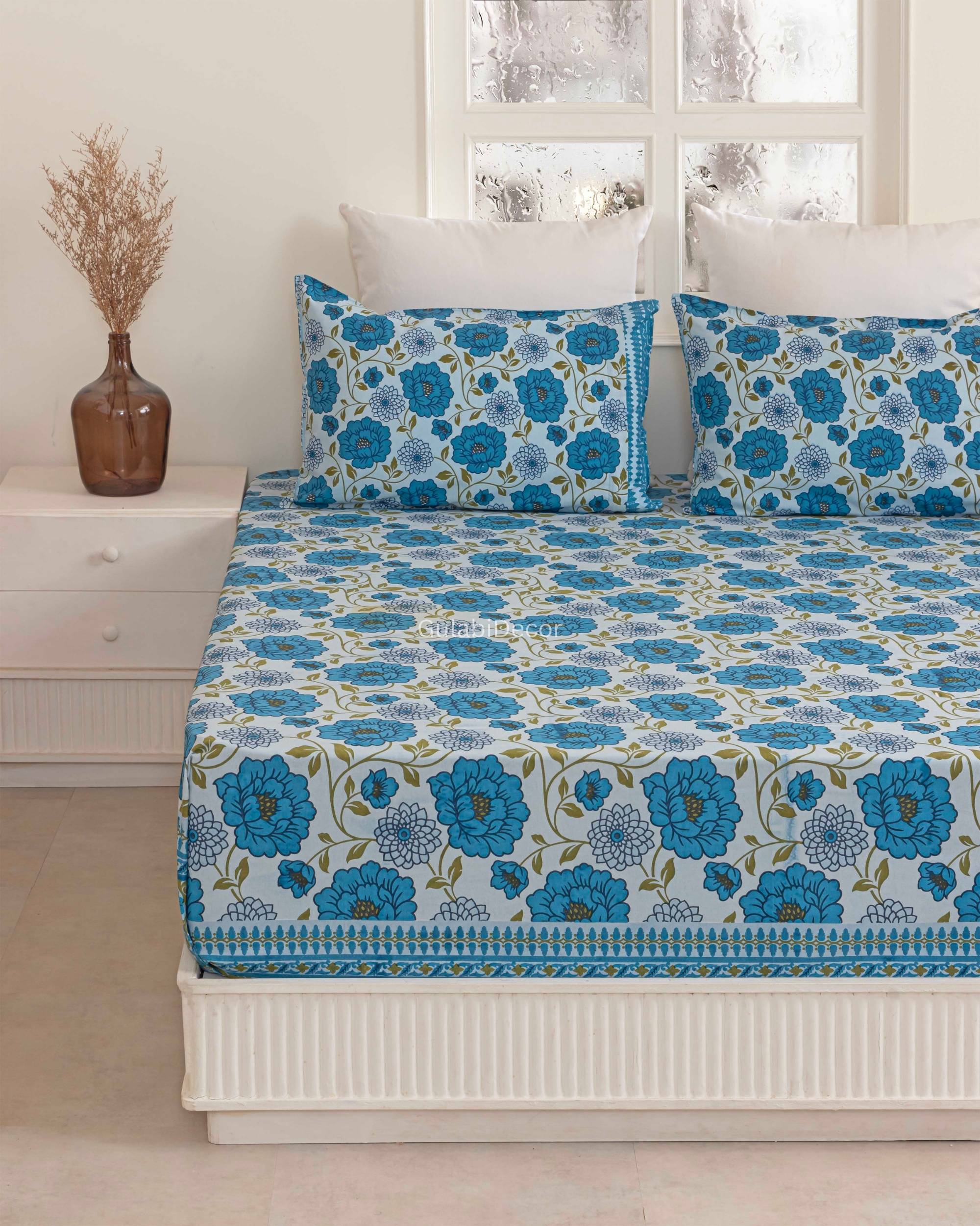 Azure Blue & White Floral Garden Double Bedsheet with Vine Border