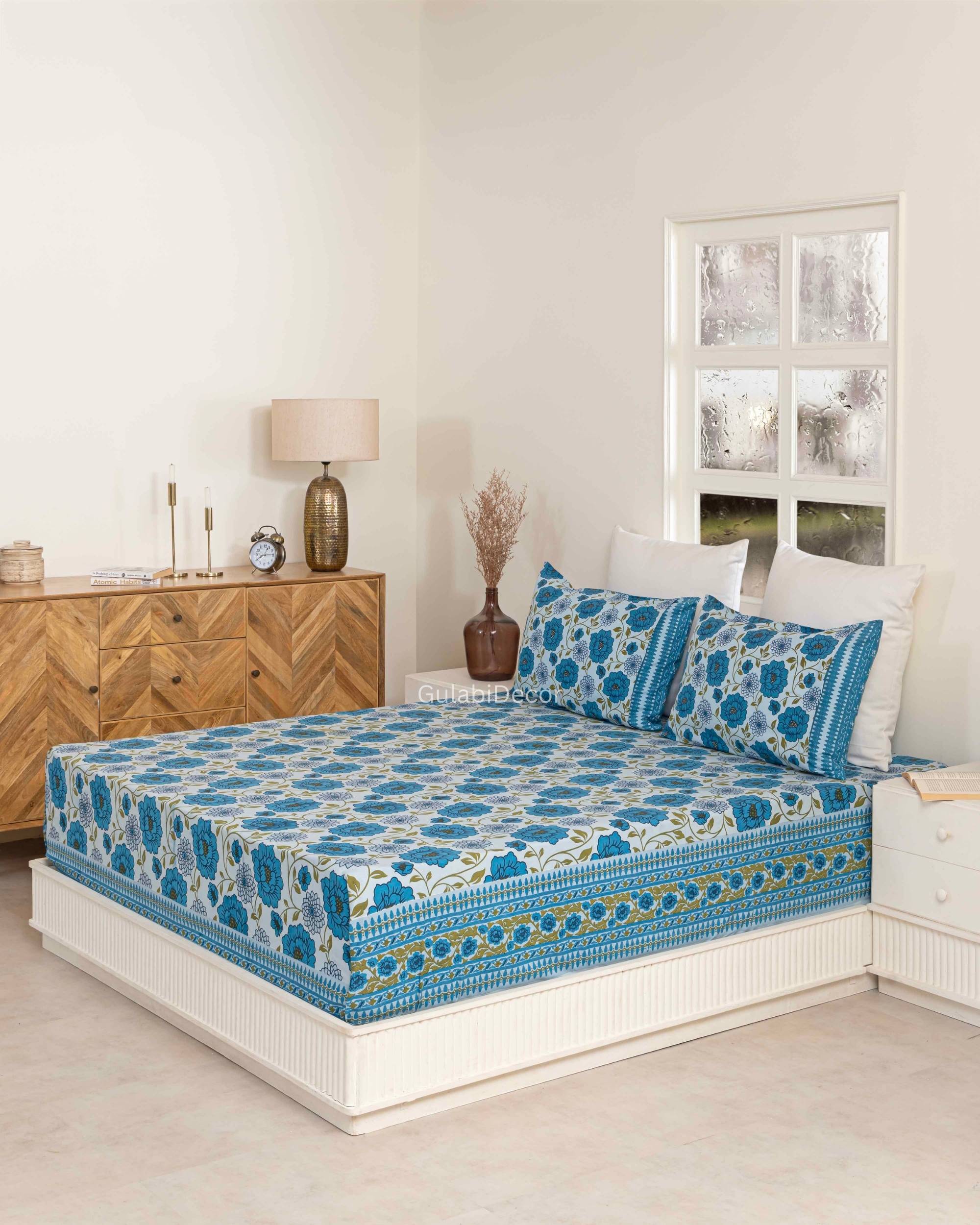 Azure Blue & White Floral Garden Double Bedsheet with Vine Border