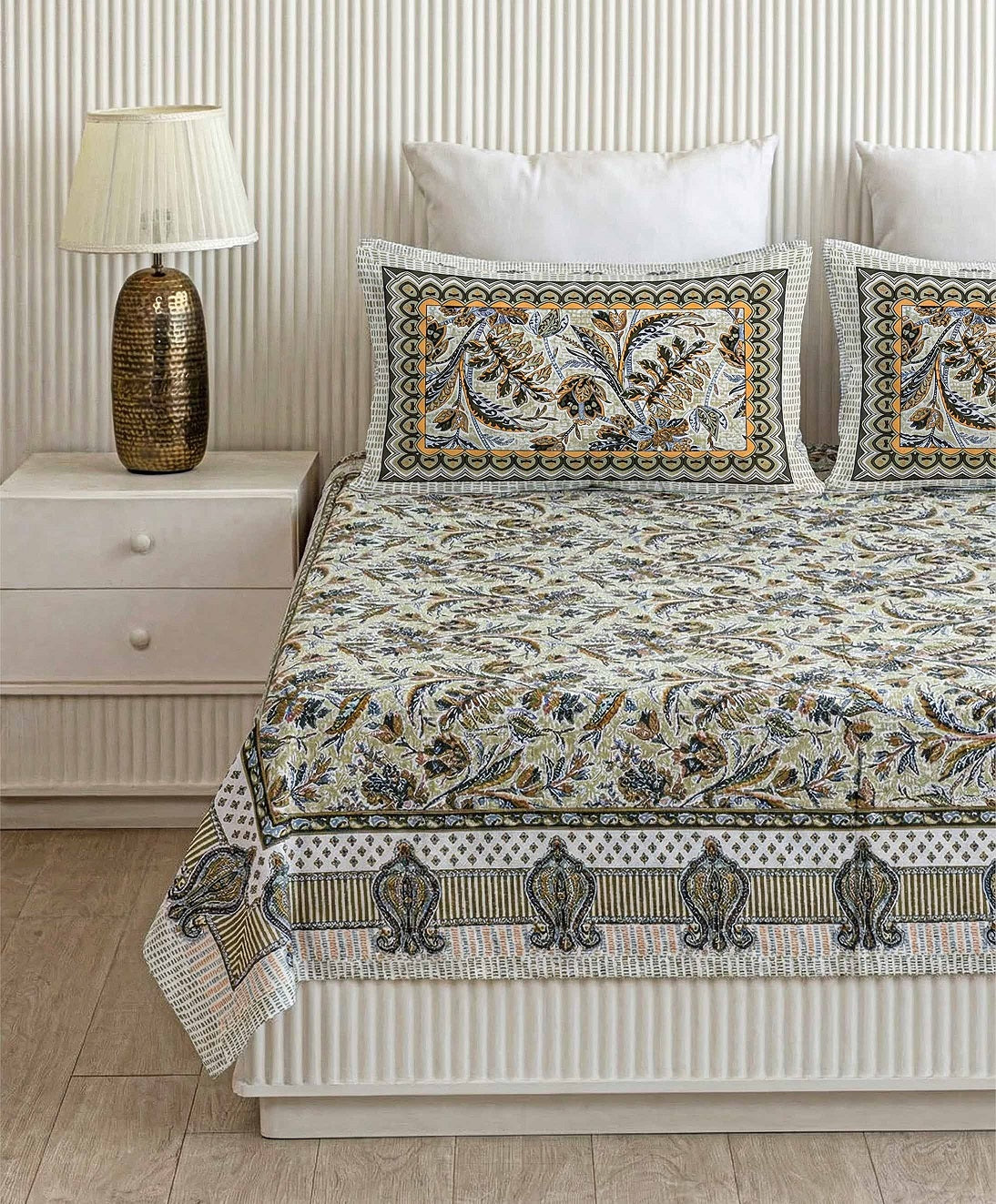 Earthy Olive Botanical Block Print Pure Cotton Double Bedsheet