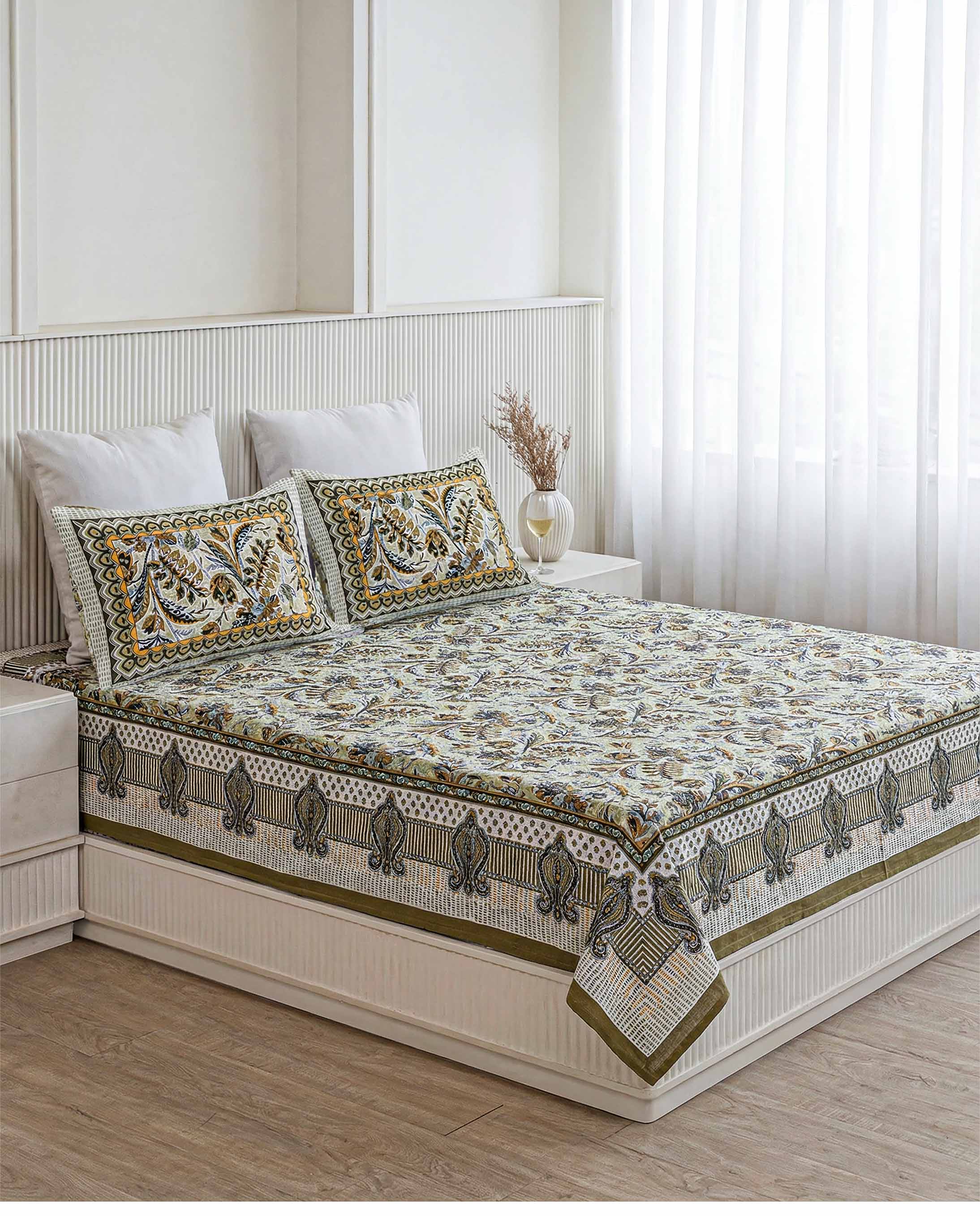 Earthy Olive Botanical Block Print Pure Cotton Double Bedsheet