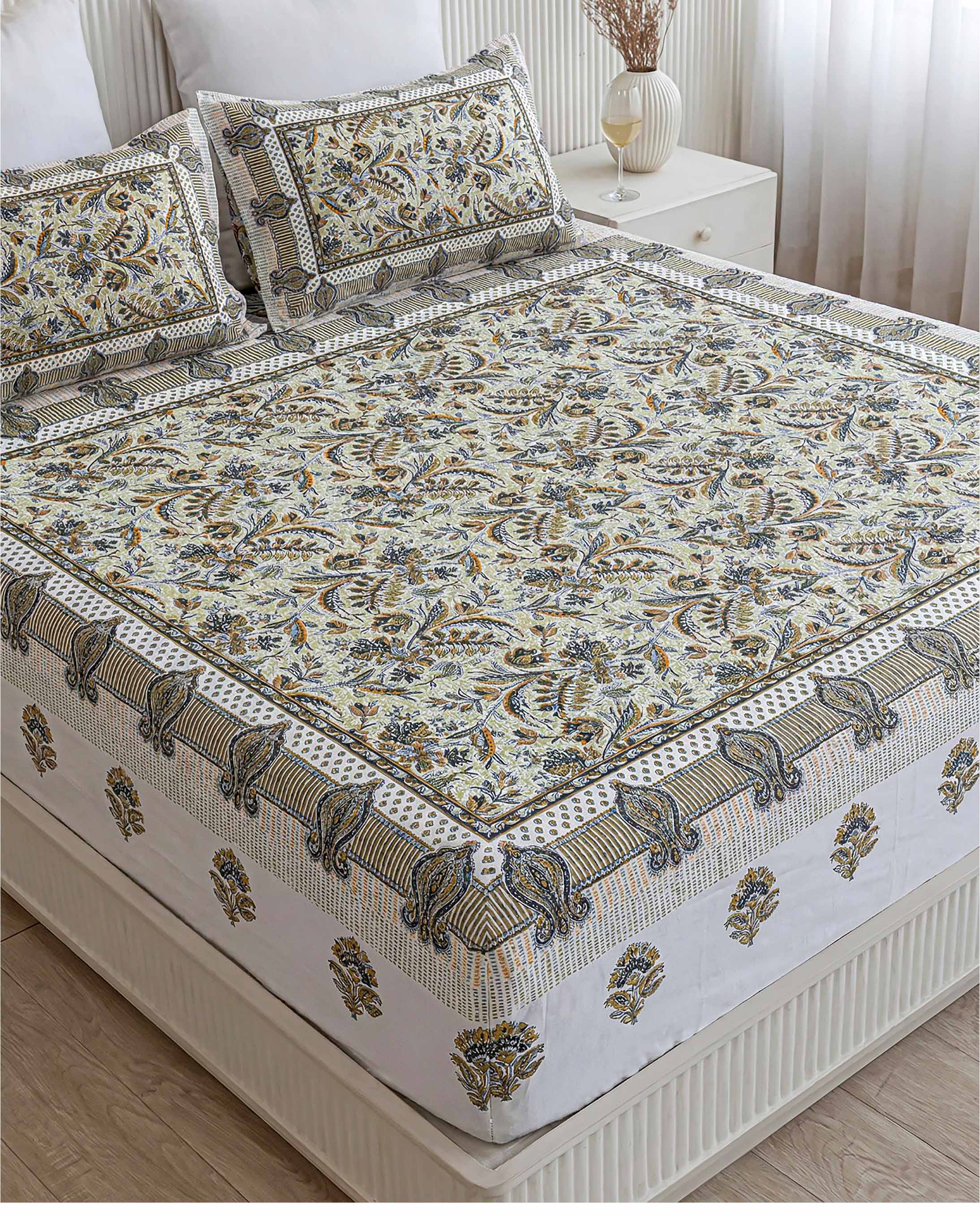 Earthy Olive Botanical Block Print Pure Cotton Double Bedsheet