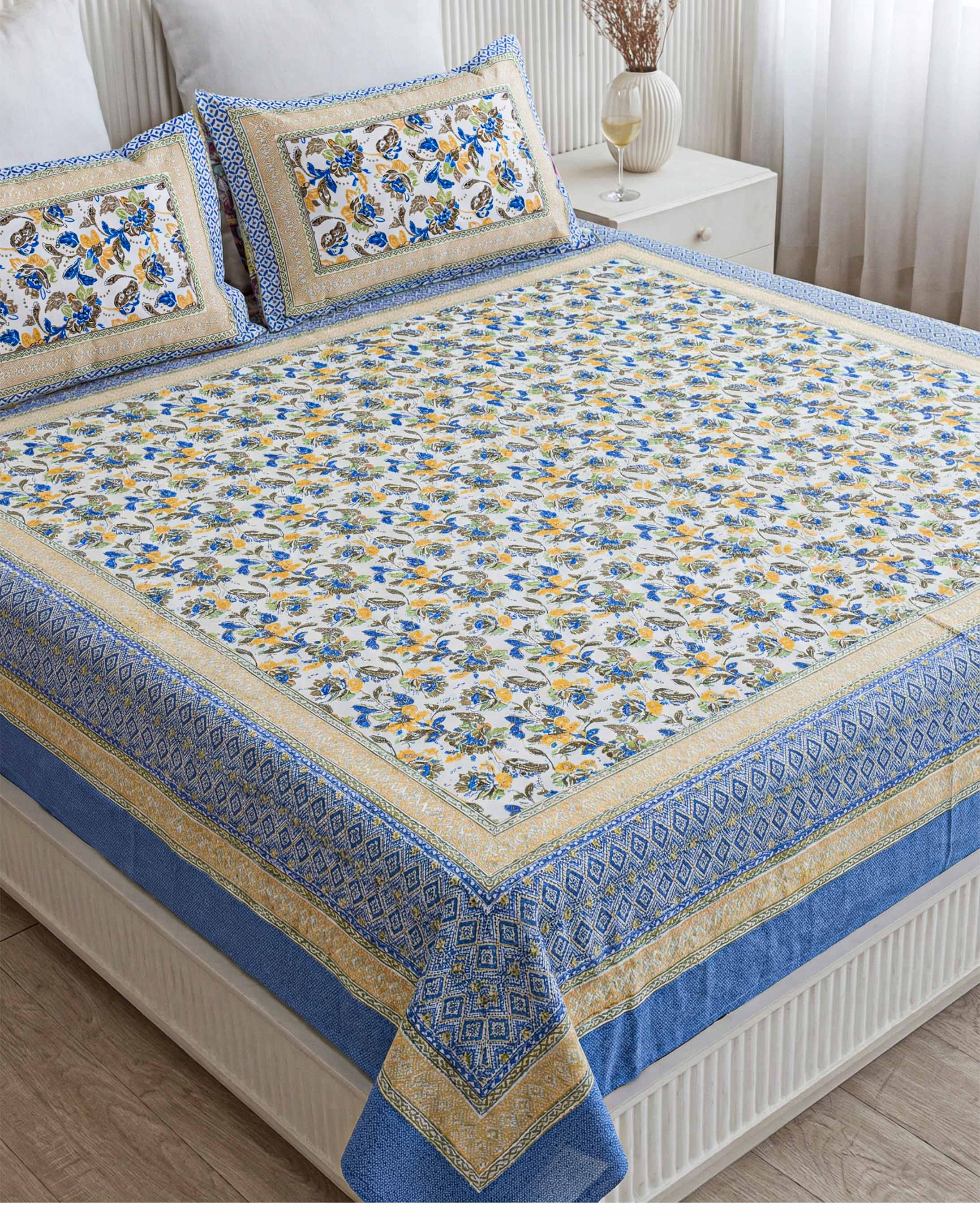 Vibrant Blue Blossom & Geometric Border Pure Cotton Double Bedsheet