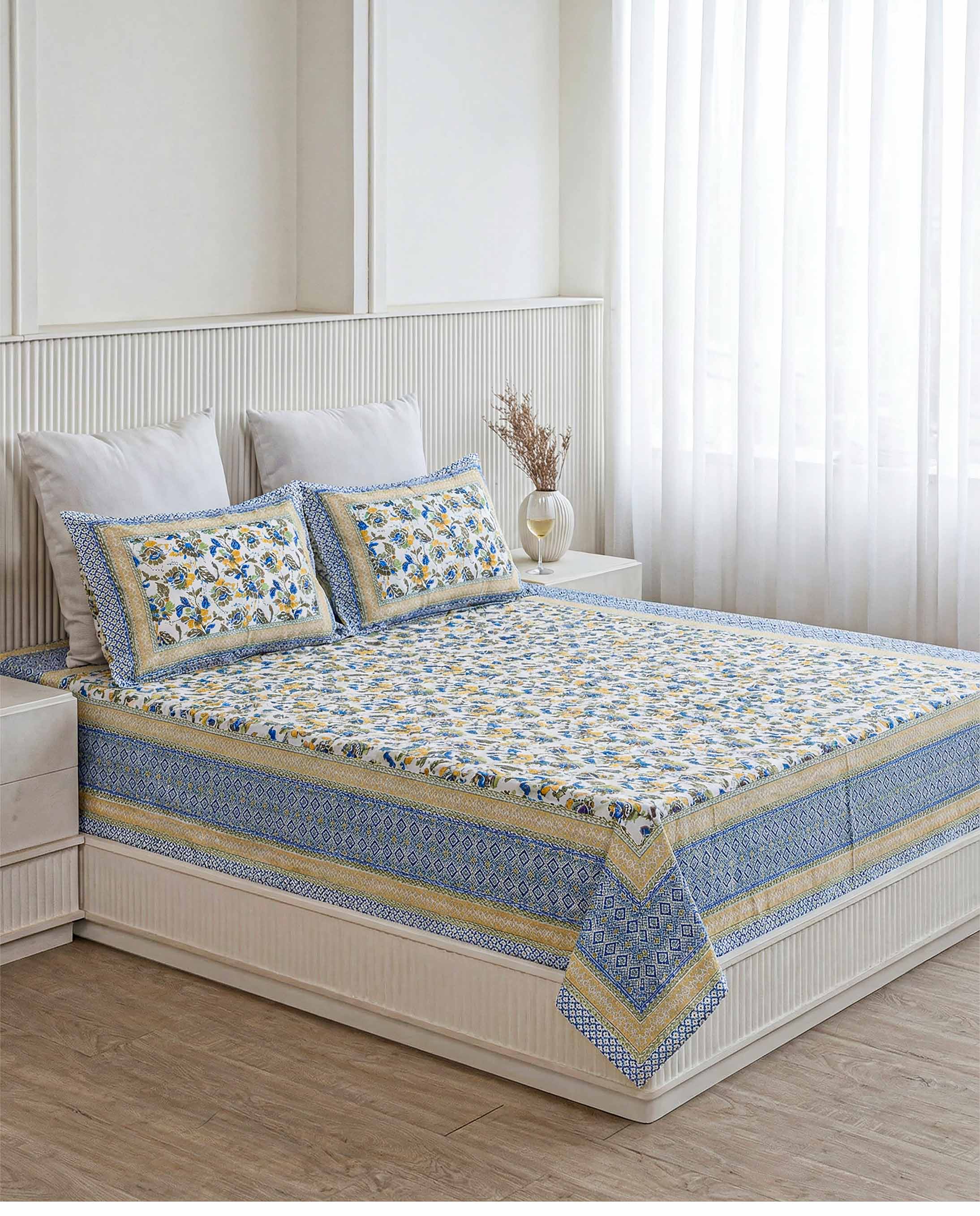 Vibrant Blue Blossom & Geometric Border Pure Cotton Double Bedsheet