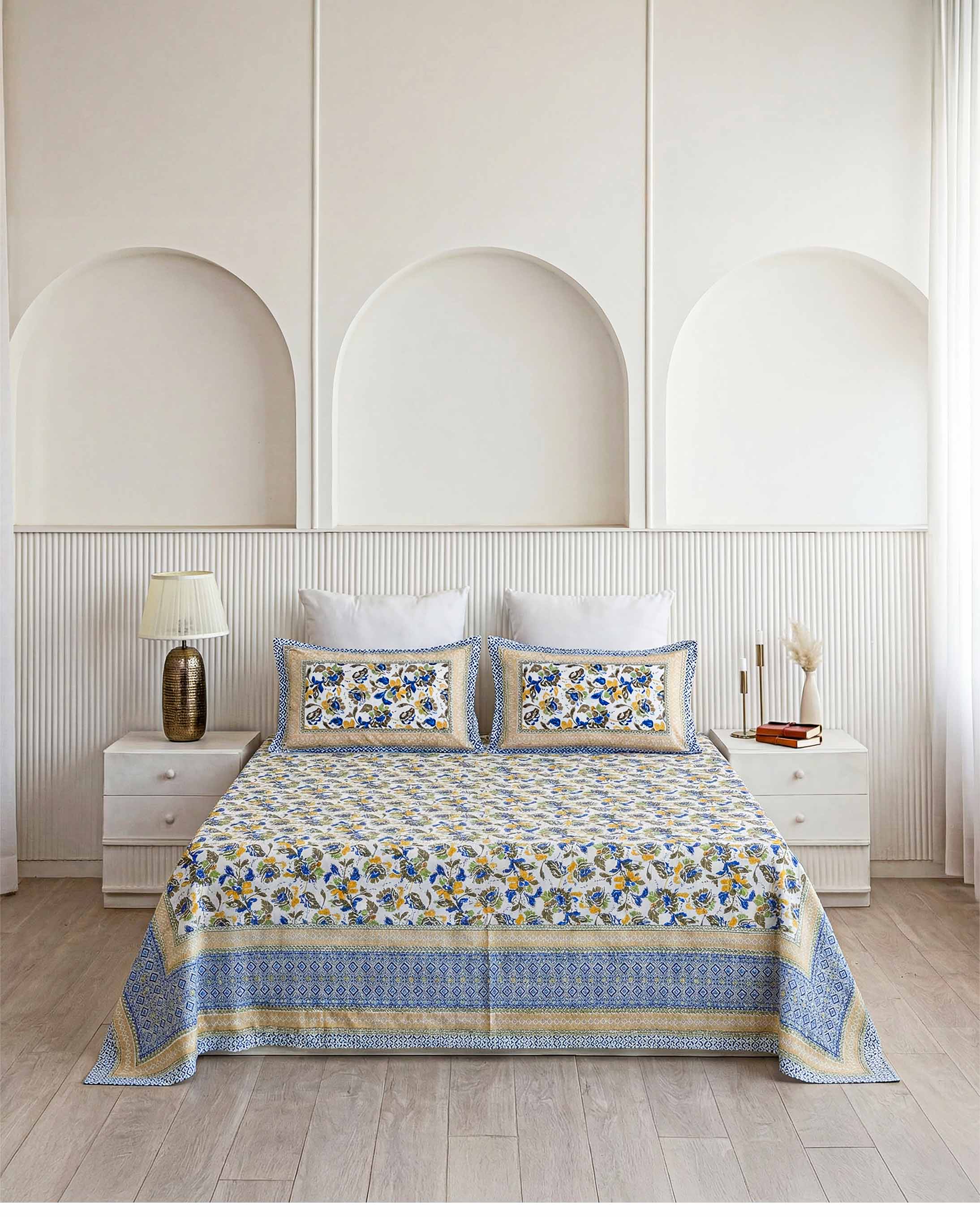 Vibrant Blue Blossom & Geometric Border Pure Cotton Double Bedsheet