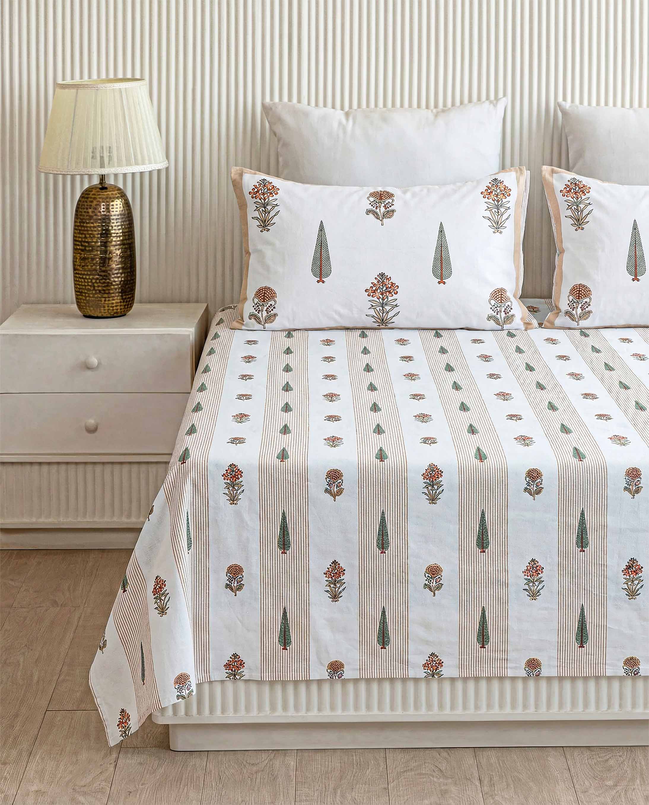 Rust & Green Striped Motif Pure Cotton Double Bedsheet