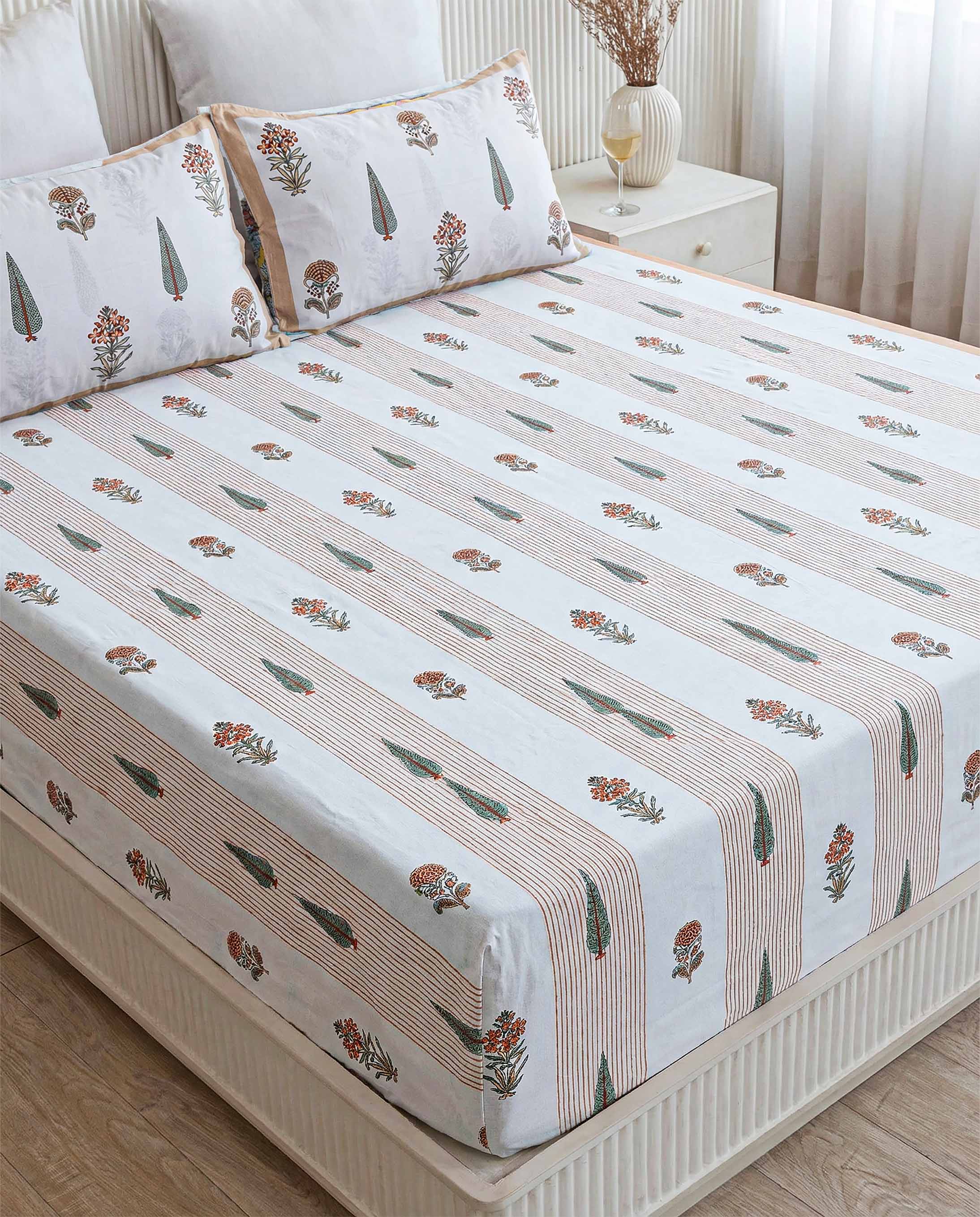 Rust & Green Striped Motif Pure Cotton Double Bedsheet