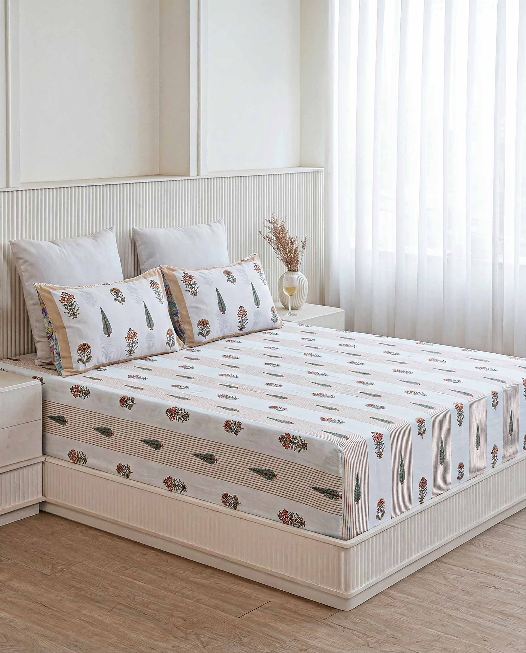 Rust & Green Striped Motif Pure Cotton Double Bedsheet